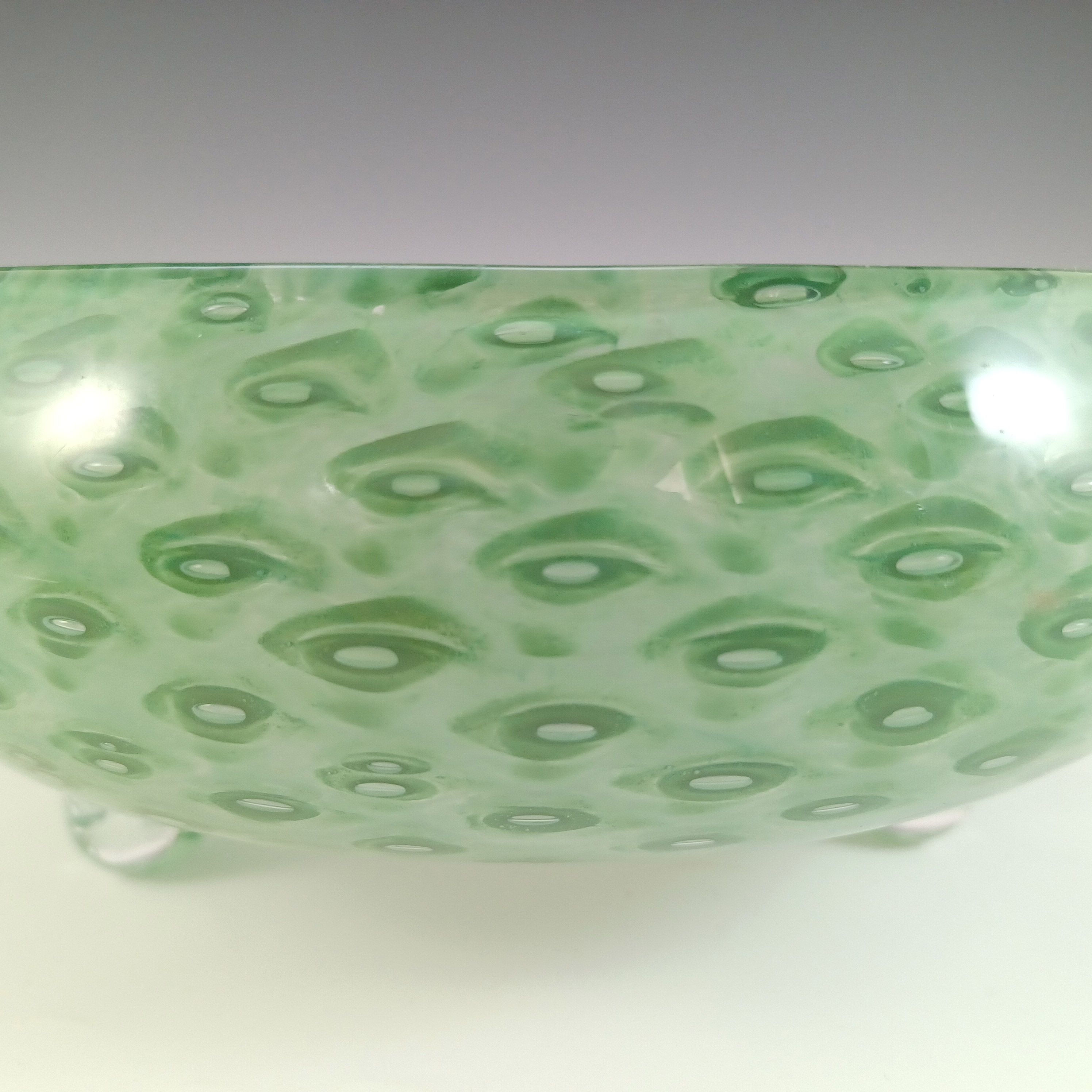 Stevens & Williams / Royal Brierley Clouded Green Glass Bubble Bowl - Click Image to Close