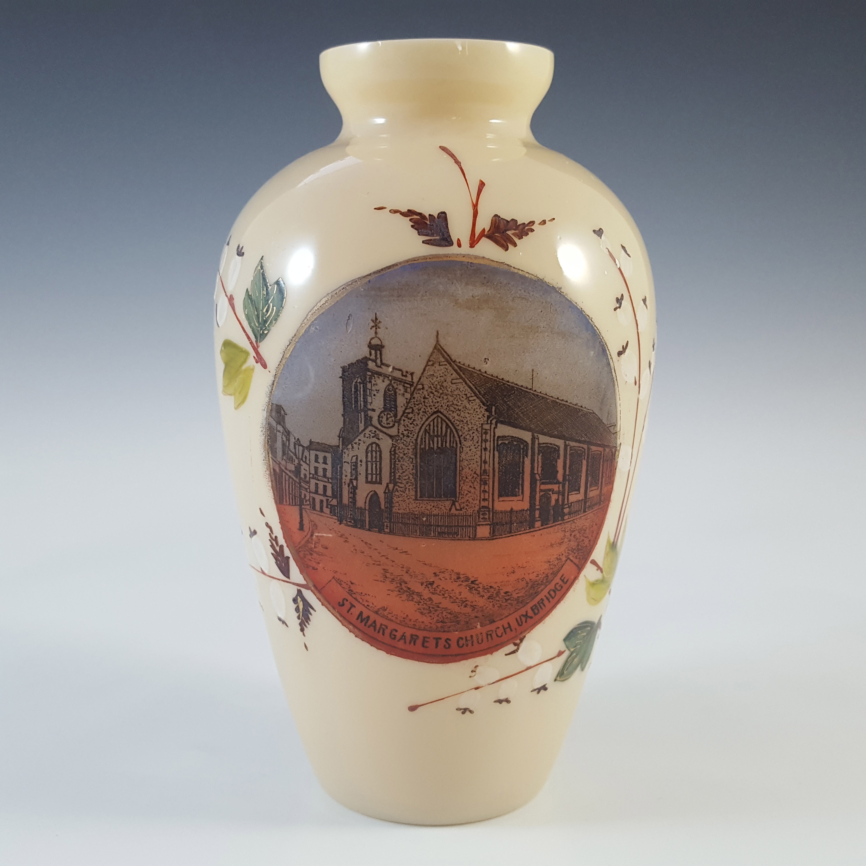 (image for) Pair of Victorian Hand Painted / Enamelled Glass Church Vases - Click Image to Close