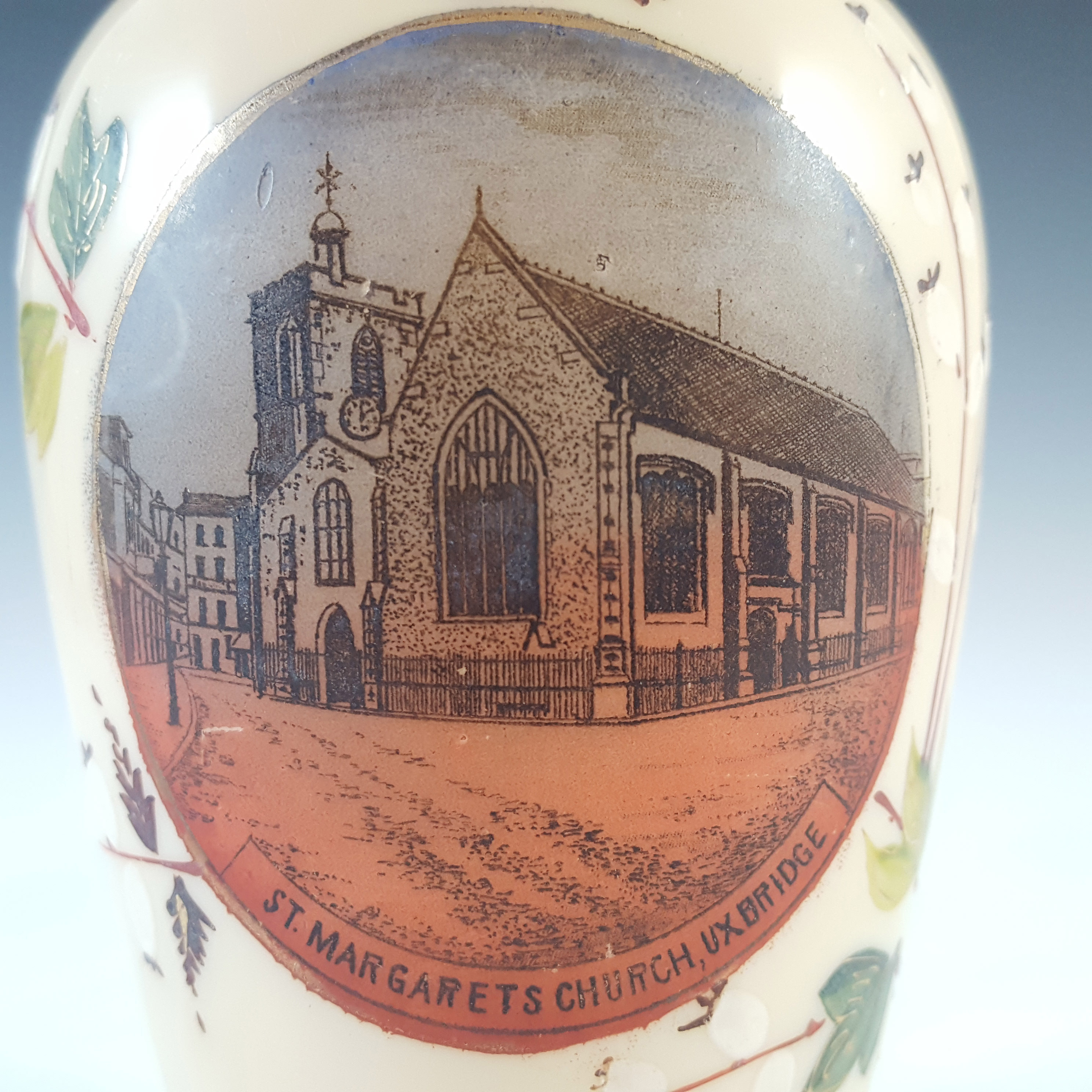 Pair of Victorian Hand Painted / Enamelled Glass Church Vases - Click Image to Close