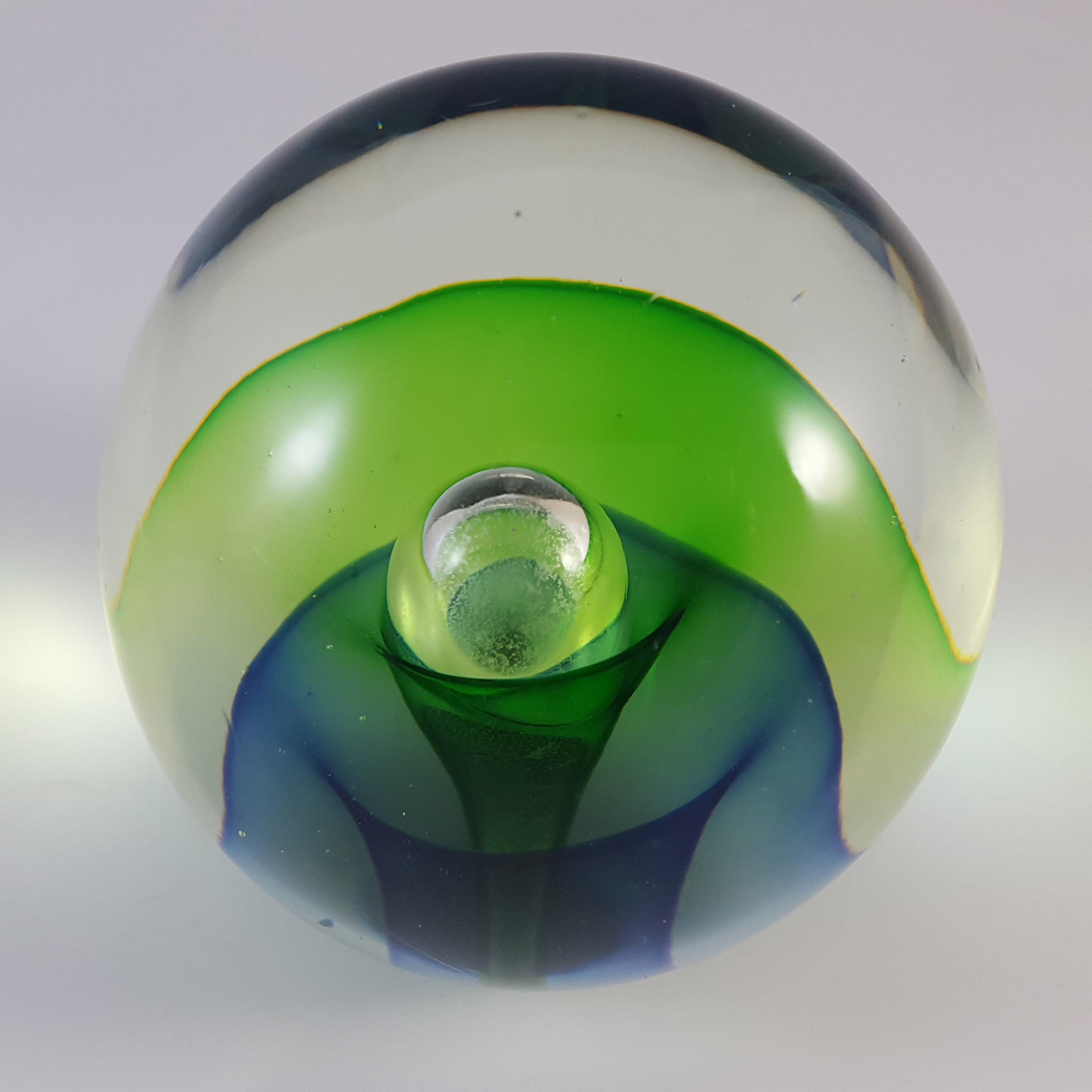 (image for) Chinese Murano Style Green & Blue Sommerso Glass Bubble Paperweight - Click Image to Close