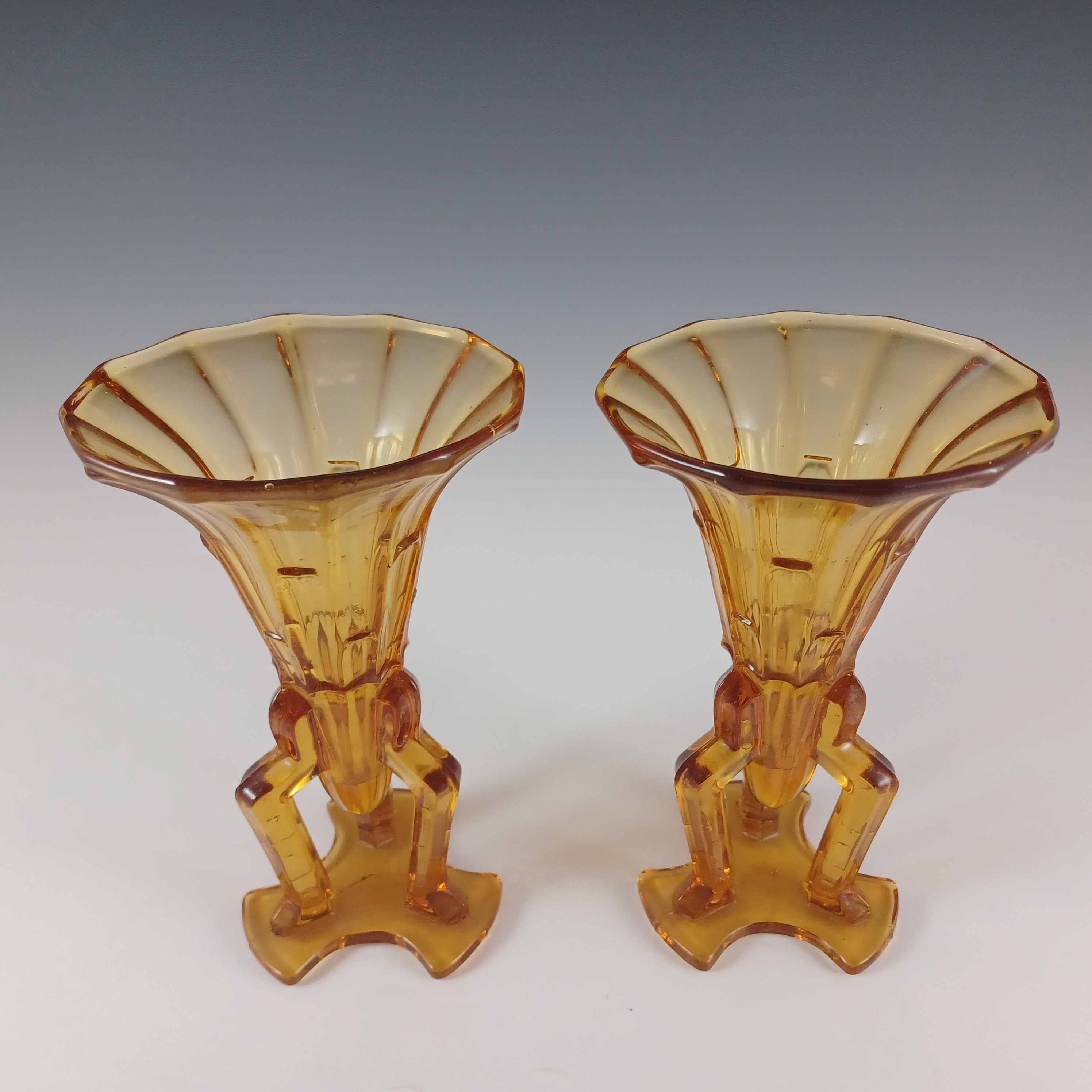 (image for) Czech Pair of Vintage Art Deco Amber Glass Rocket Vases - Click Image to Close