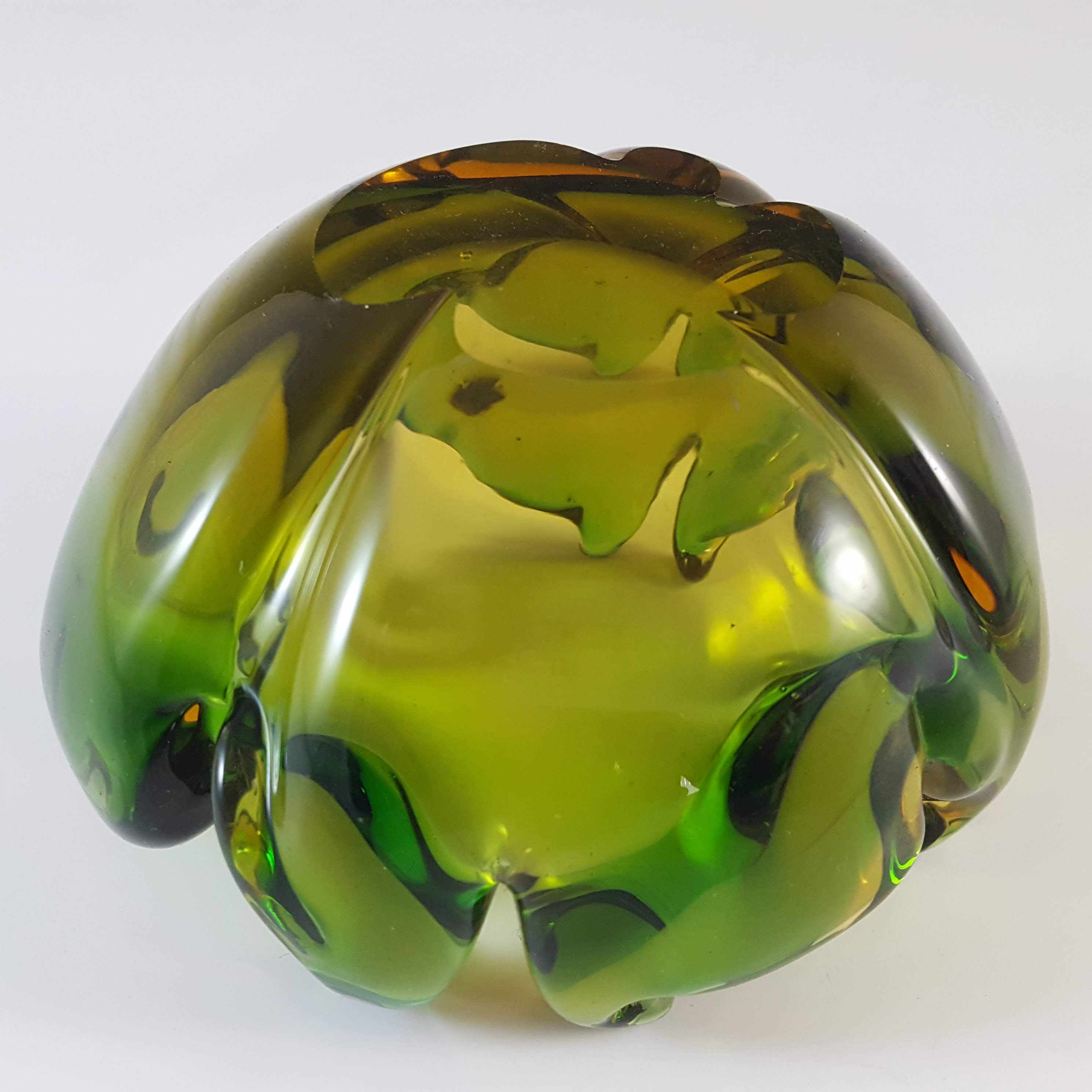 (image for) Arte Nuova Murano Green & Amber Glass Ashtray Bowl - Click Image to Close