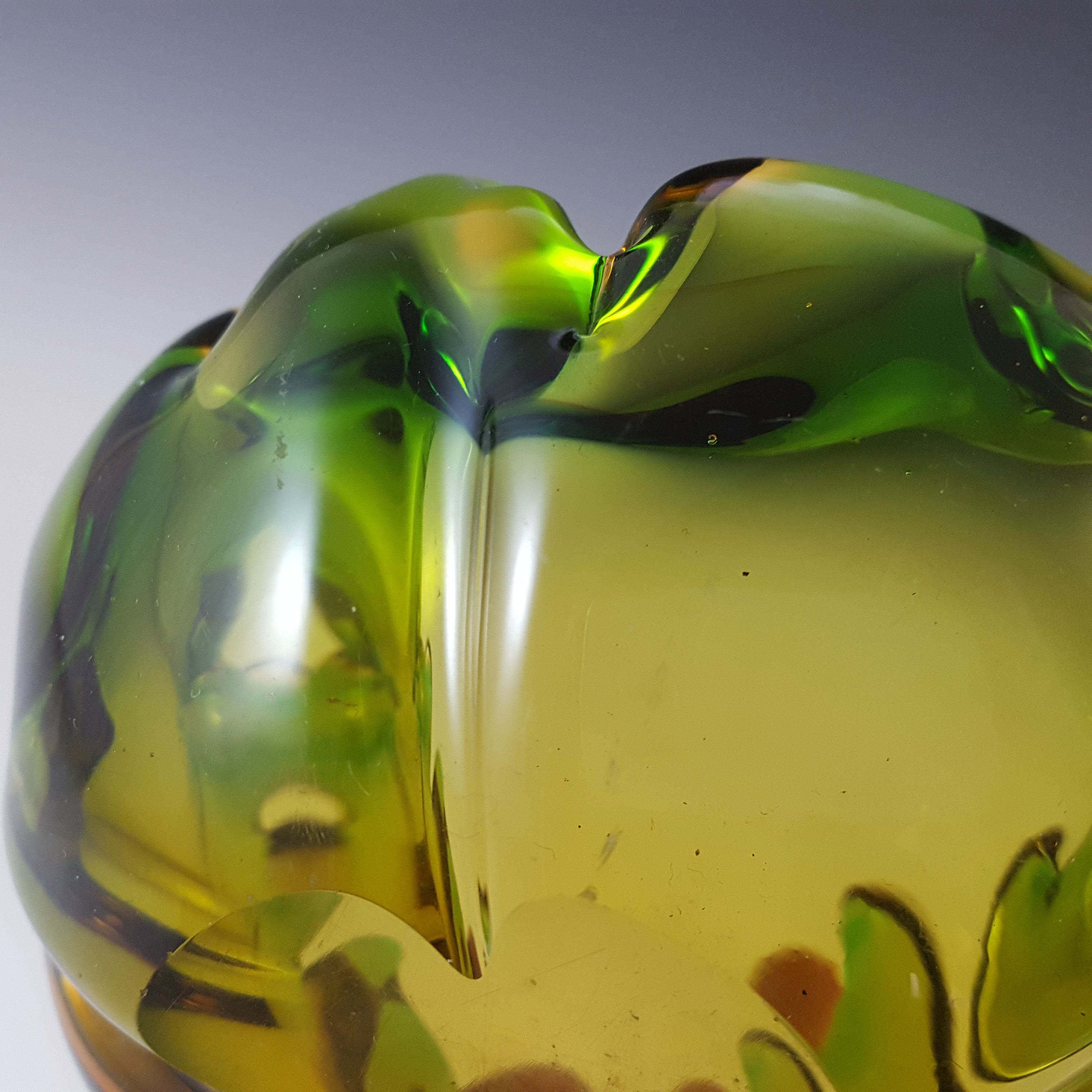 Arte Nuova Murano Green & Amber Glass Ashtray Bowl - Click Image to Close