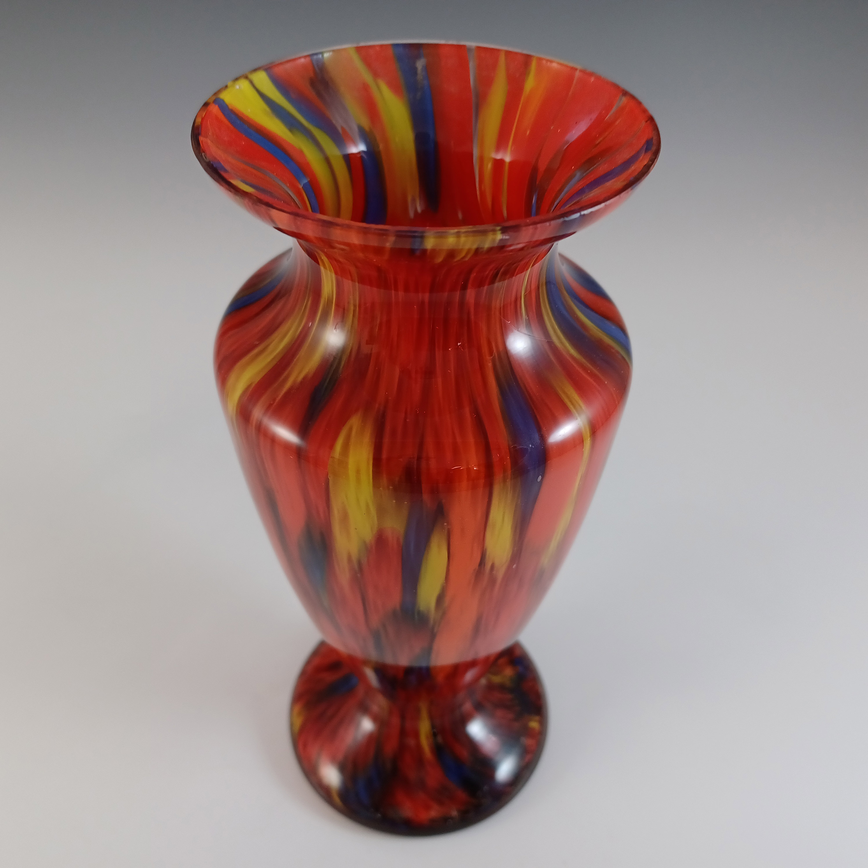 (image for) Czech Red, Blue & Yellow Spatter / Splatter Glass Vase - Click Image to Close