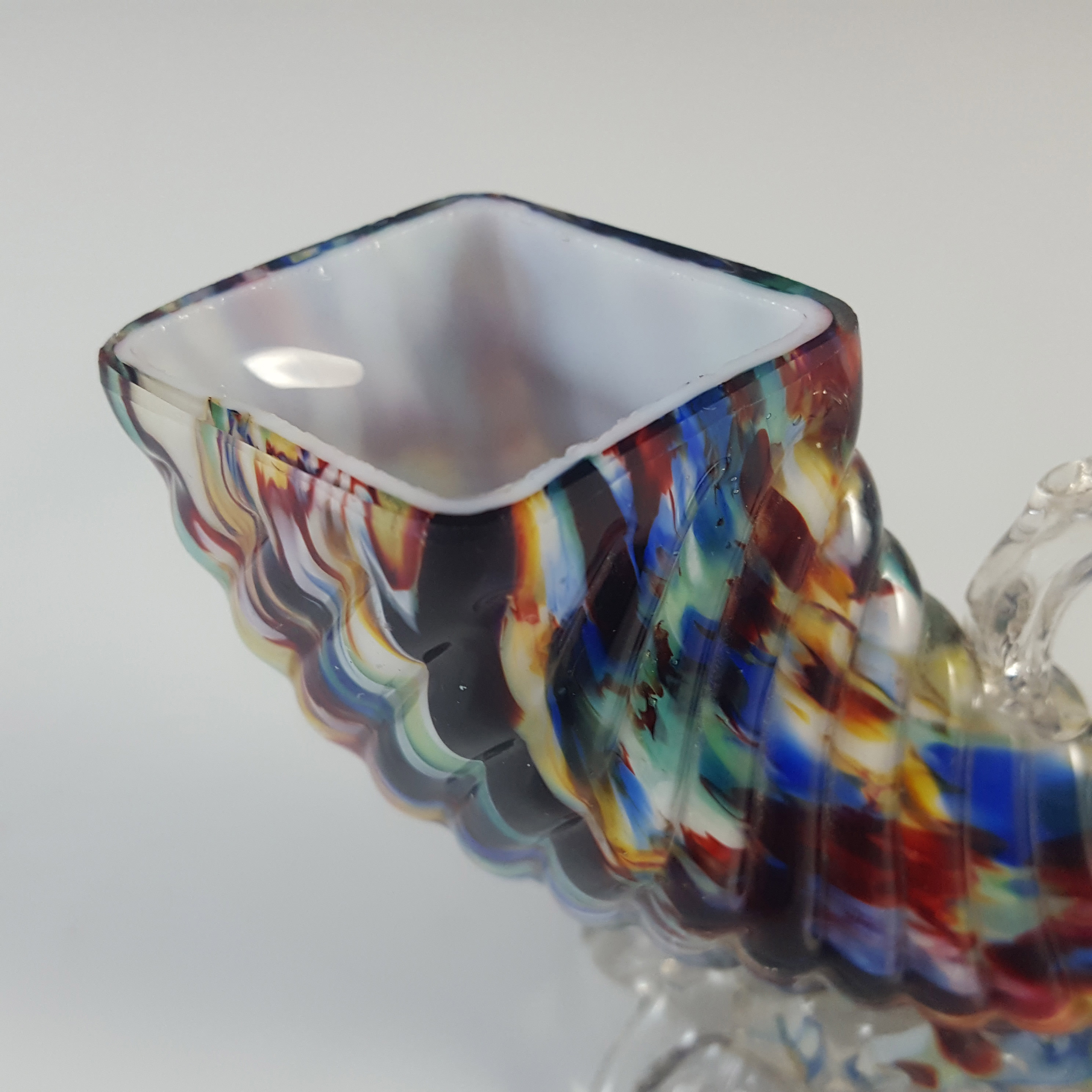 (image for) Welz Bohemian Black, Red, Blue & White Spatter Glass Horn Vase - Click Image to Close