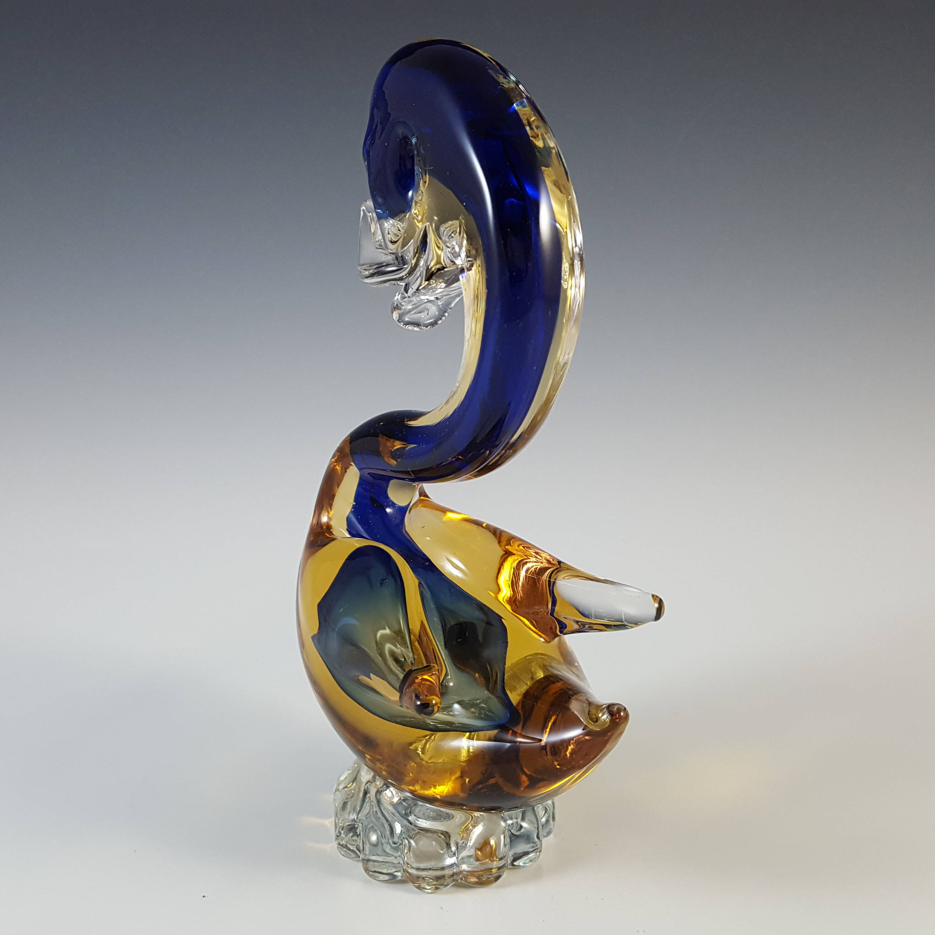 (image for) Murano / Venetian Blue & Amber Sommerso Glass Swan / Duck - Click Image to Close