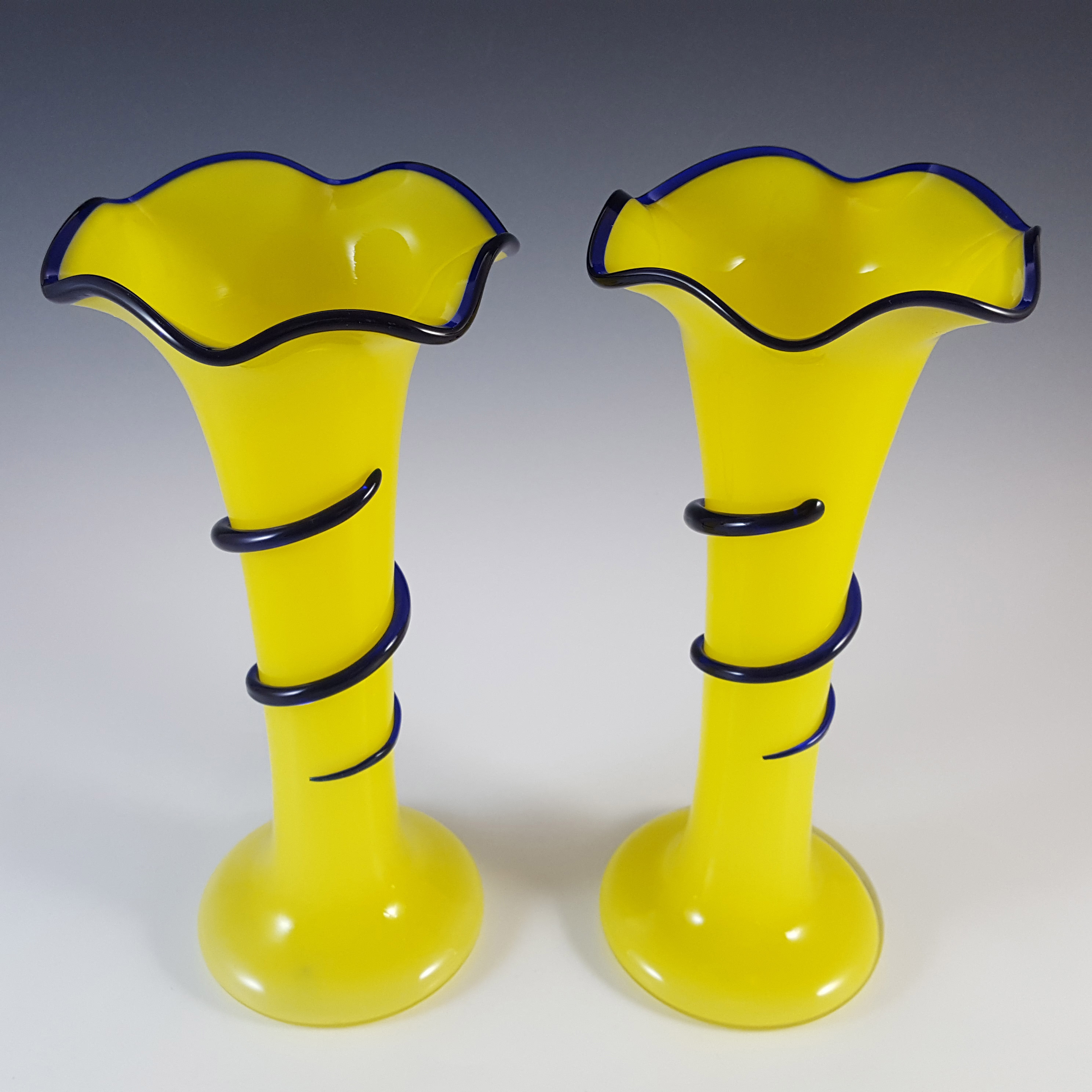 (image for) Czech / Bohemian Pair of Yellow & Blue Tango Glass Vases - Click Image to Close