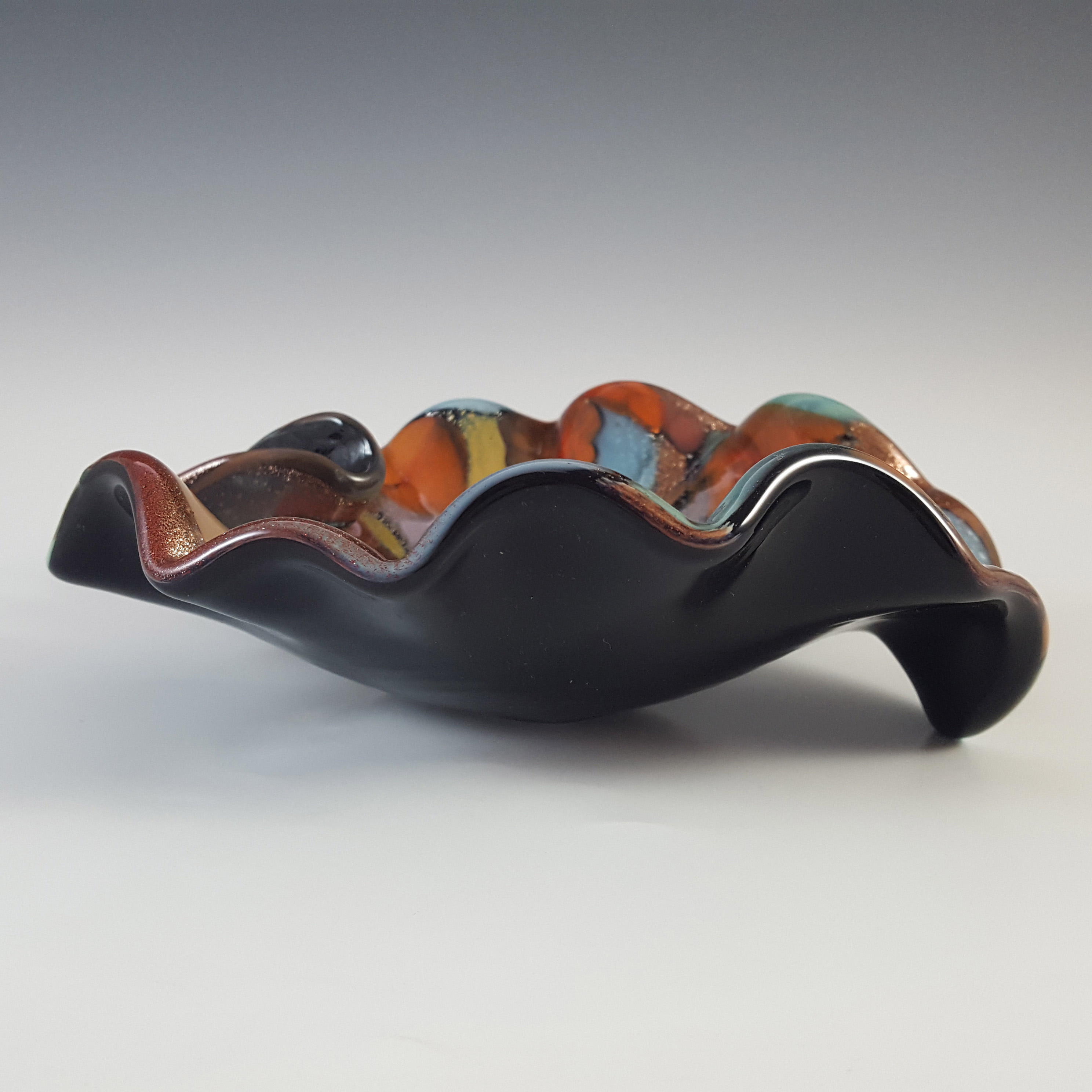(image for) Murano Vintage Copper Aventurine & Coloured Murrines Black Glass Bowl - Click Image to Close