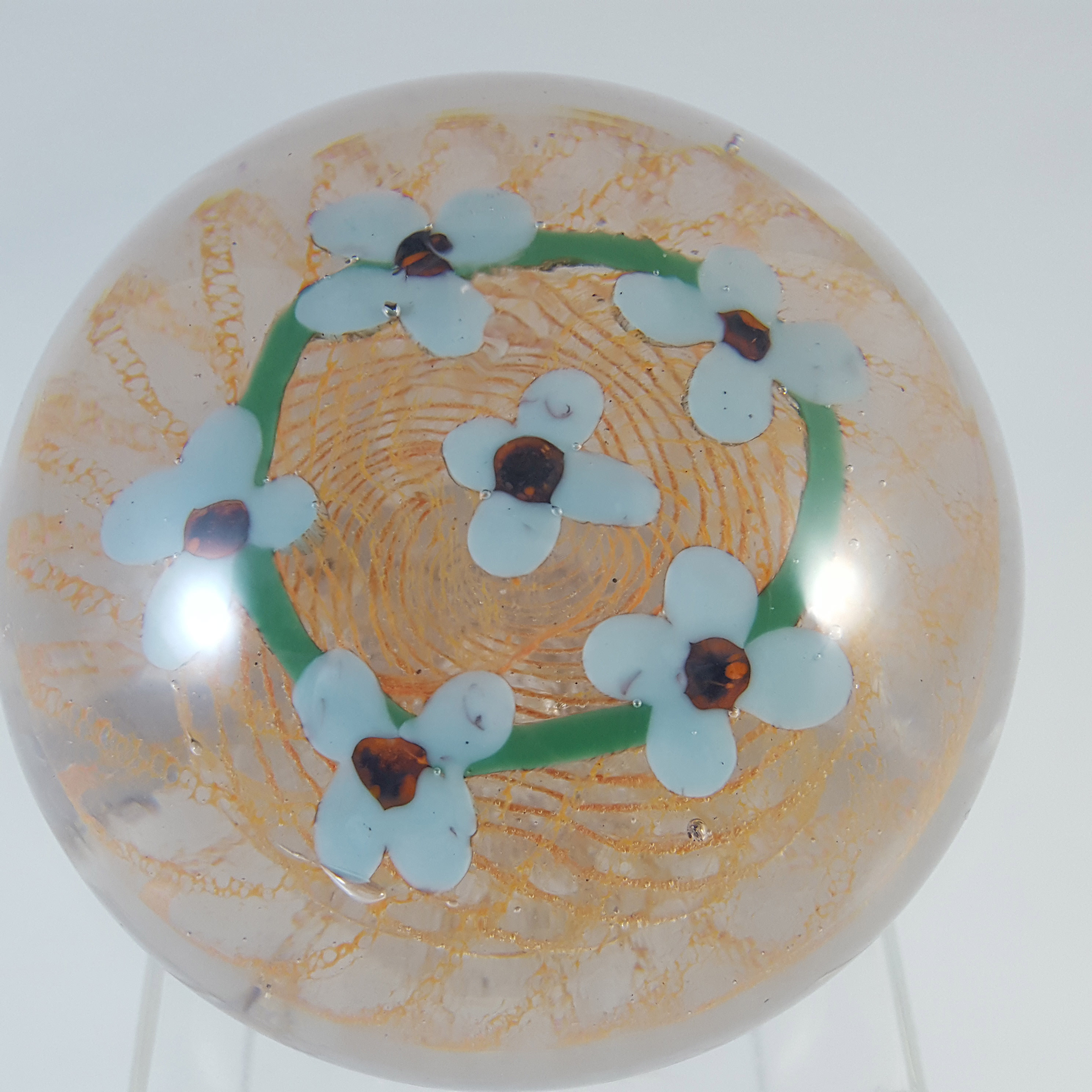 (image for) SIGNED Vasart White, Green & Orange Glass Flower Paperweight - Click Image to Close