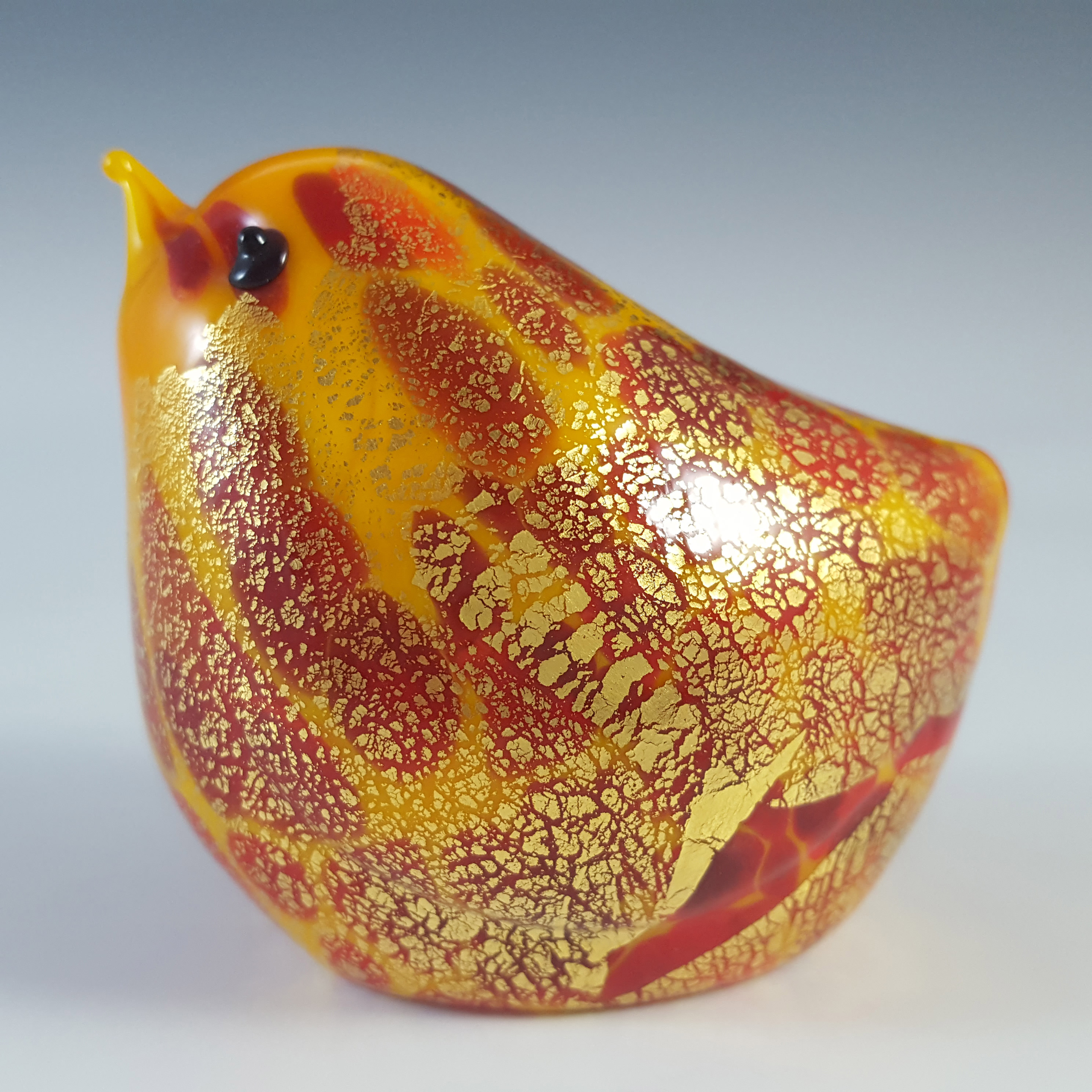 LABELLED Ferro Lorenzo Murano Yellow, Red & Gold Leaf Glass Bird - Click Image to Close