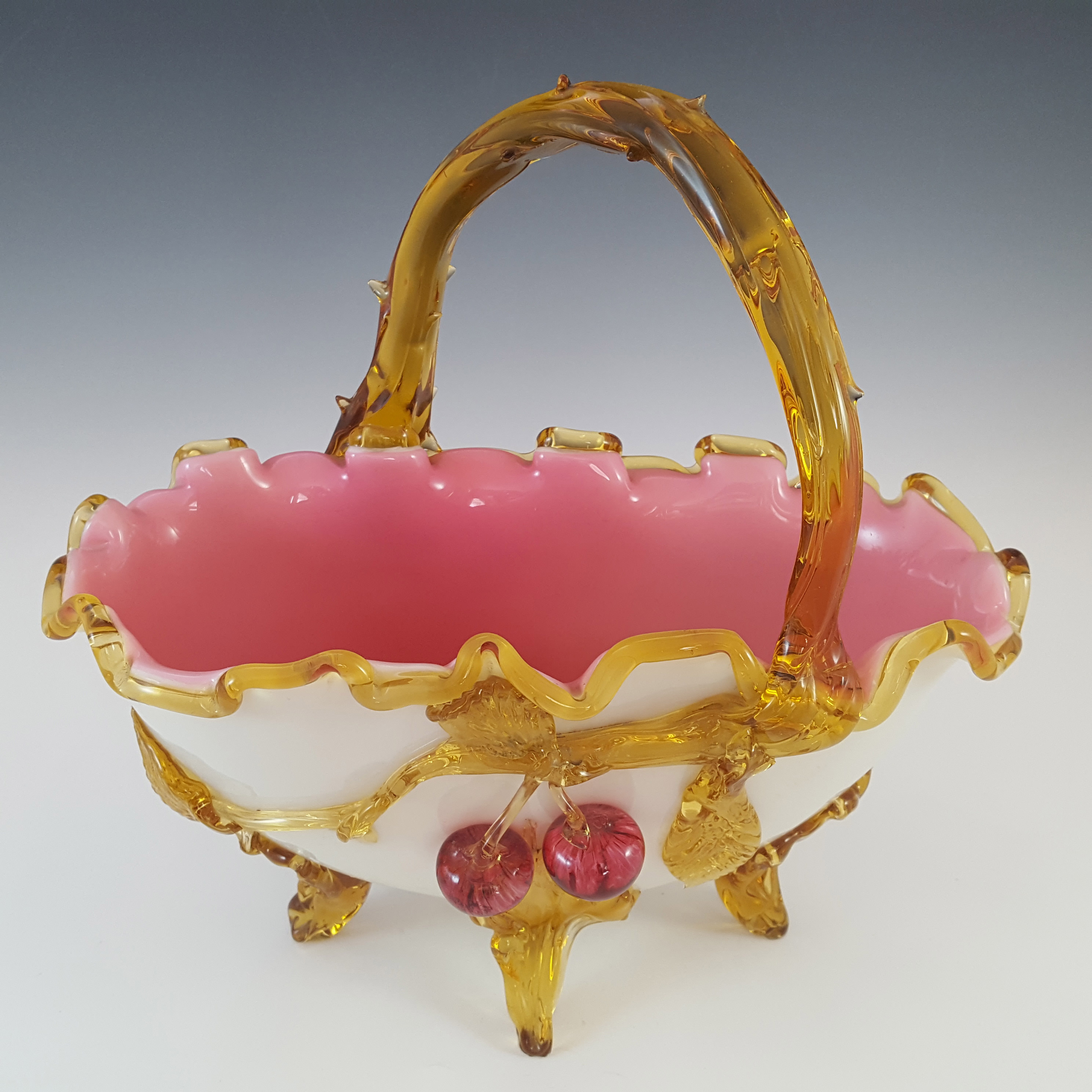 Victorian Uranium Custard Glass Amber, Red & Ivory Cherry Basket Bowl - Click Image to Close
