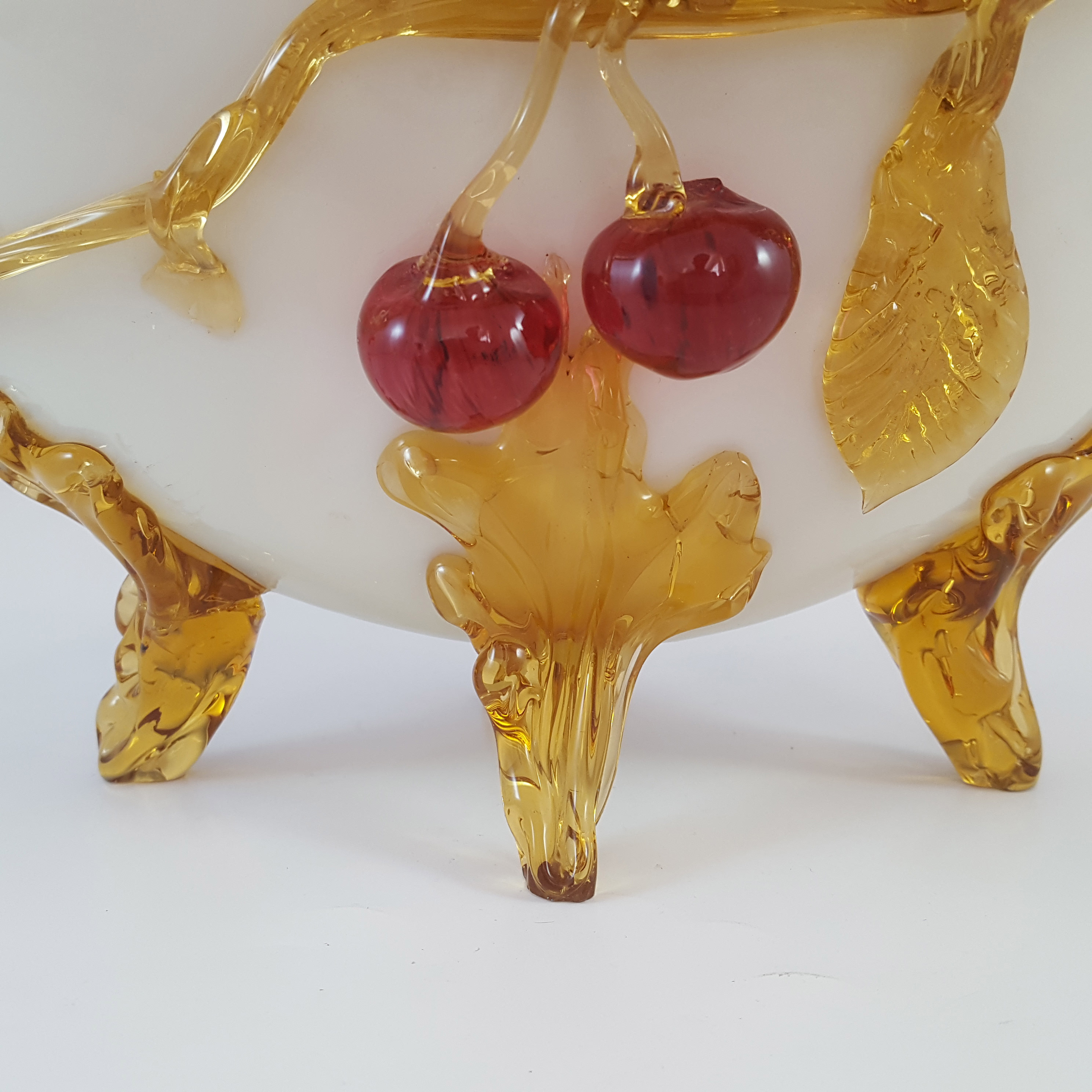 Victorian Uranium Custard Glass Amber, Red & Ivory Cherry Basket Bowl - Click Image to Close