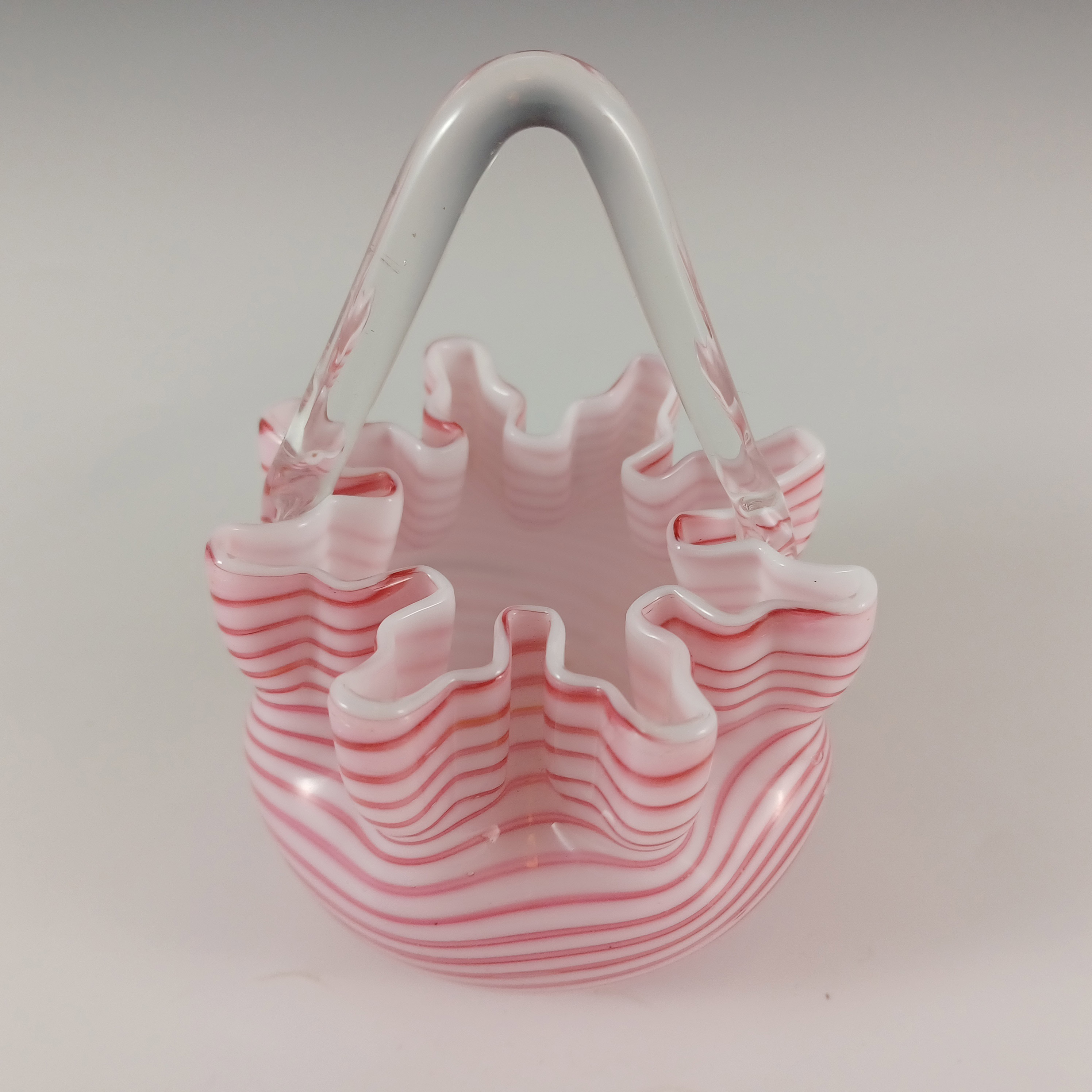 Welz Bohemian Pink & White Striped Glass Victorian Basket Bowl - Click Image to Close