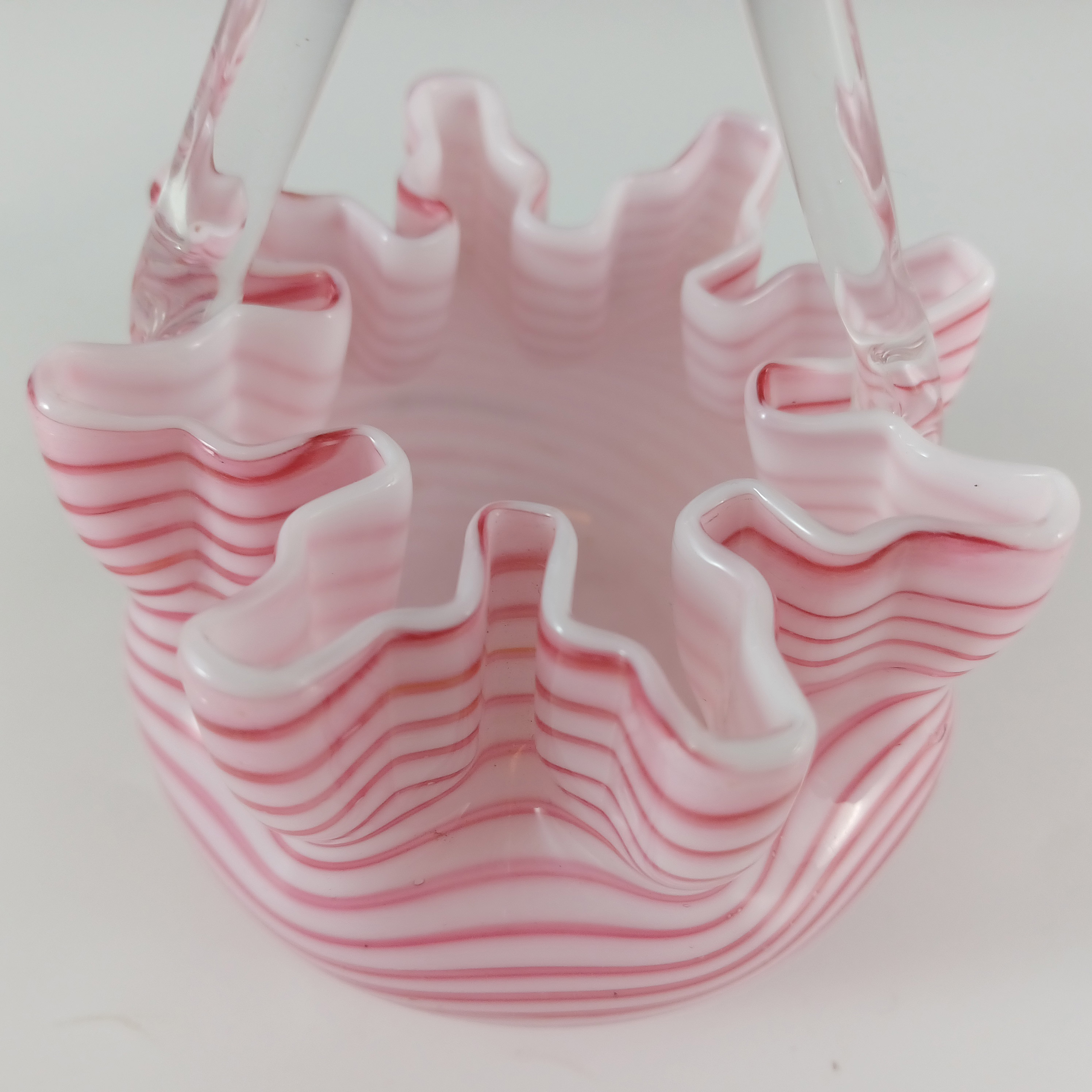 (image for) Welz Bohemian Pink & White Striped Glass Victorian Basket Bowl - Click Image to Close