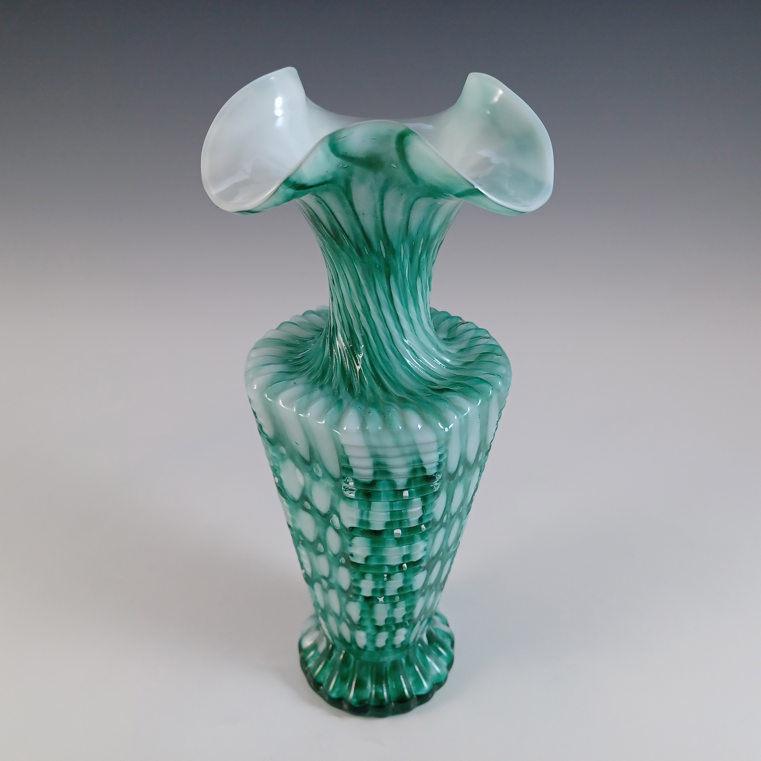Welz Bohemian Honeycomb Green & White Spatter Glass Vase - Click Image to Close