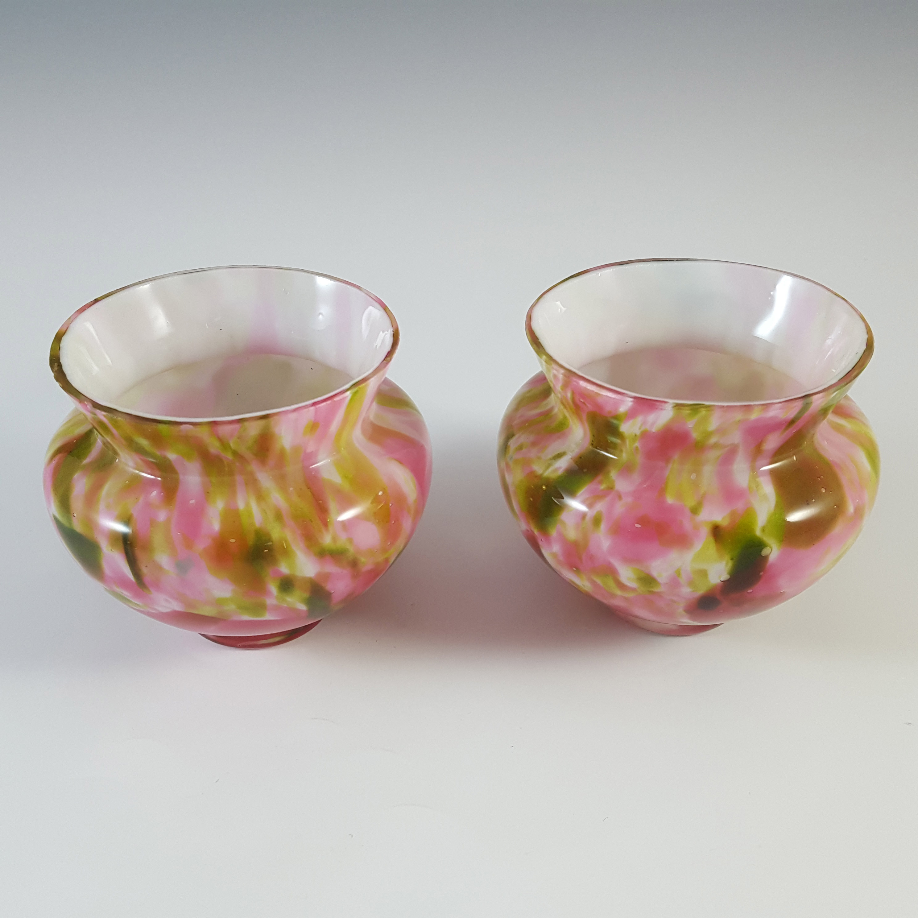 (image for) Welz Pair of Bohemian Pink & Green Aventurine Spatter Glass Vases - Click Image to Close