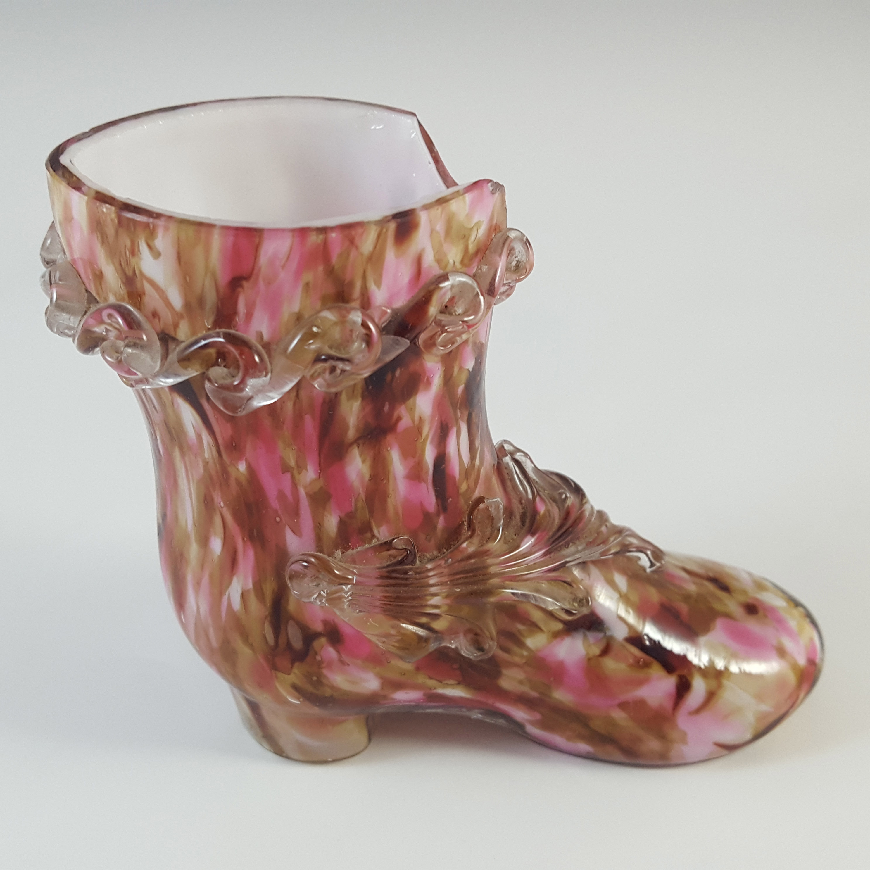 (image for) Welz Czech Pink & Brown Spatter Glass Shoe Vase - Click Image to Close