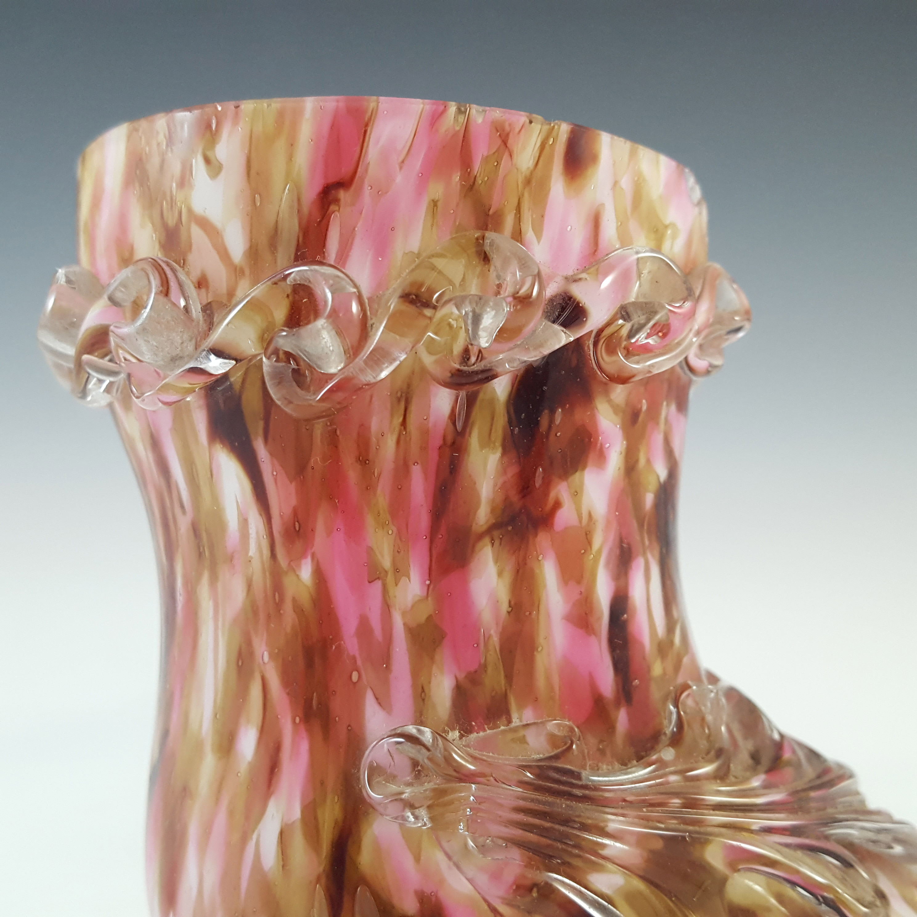 (image for) Welz Czech Pink & Brown Spatter Glass Shoe Vase - Click Image to Close