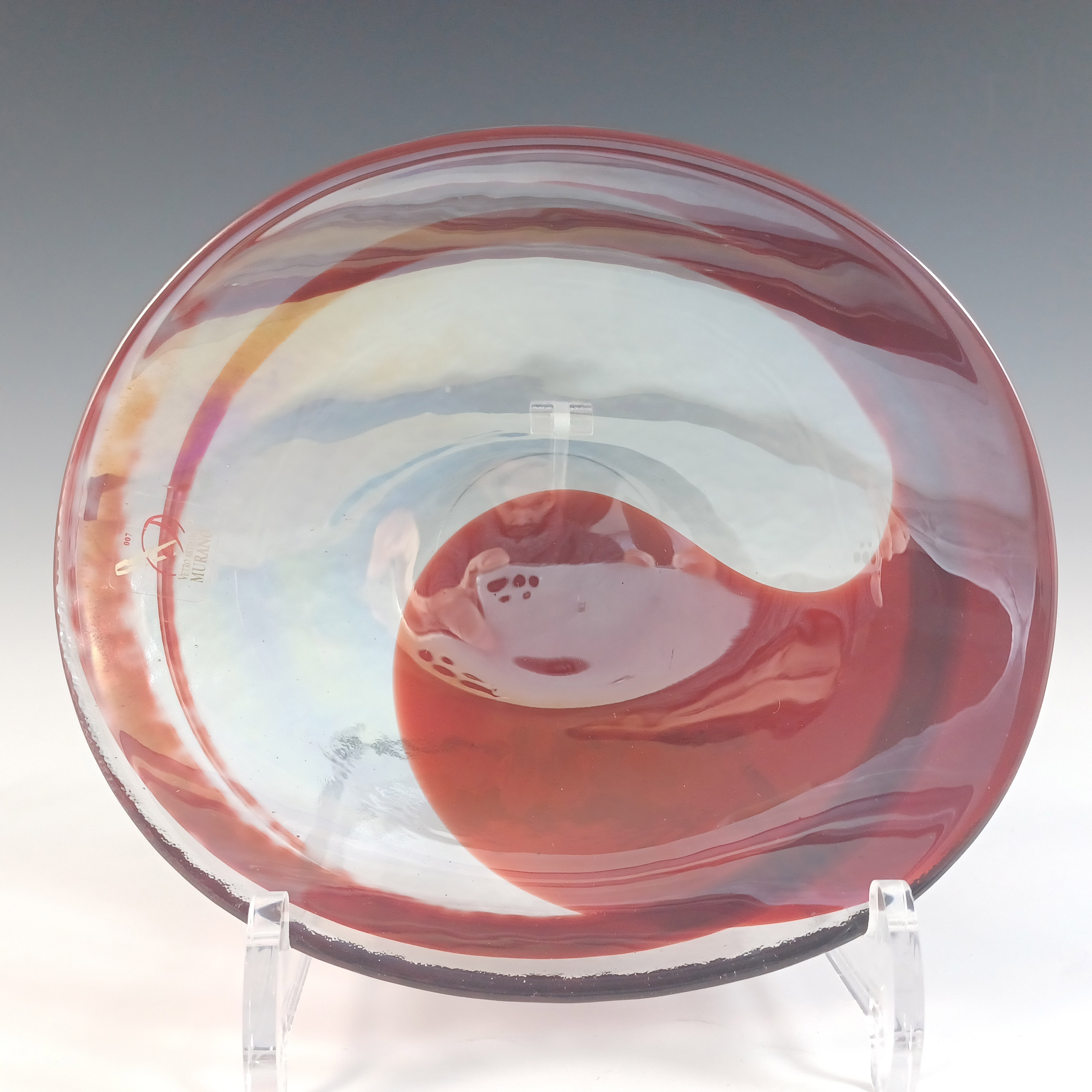 (image for) LABELLED & BOXED Yalos Murano Red & Clear Iridescent Glass Bowl - Click Image to Close
