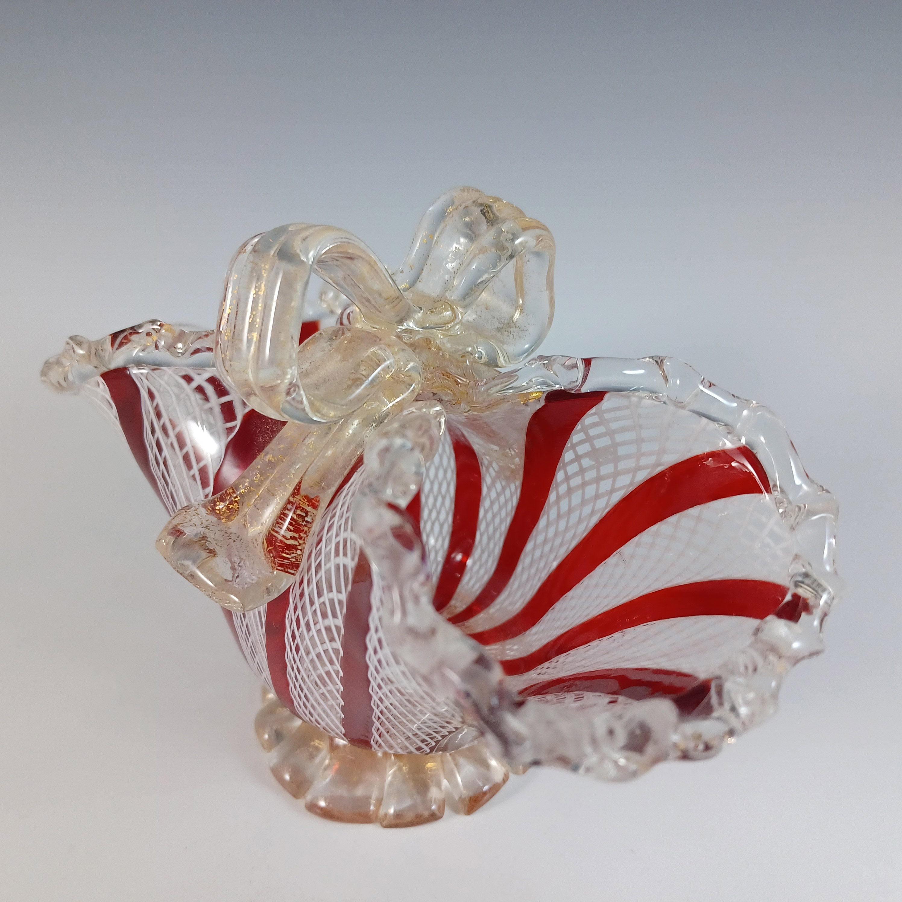 (image for) Murano Red & White Glass Zanfirico & Gold Leaf Basket Bowl - Click Image to Close