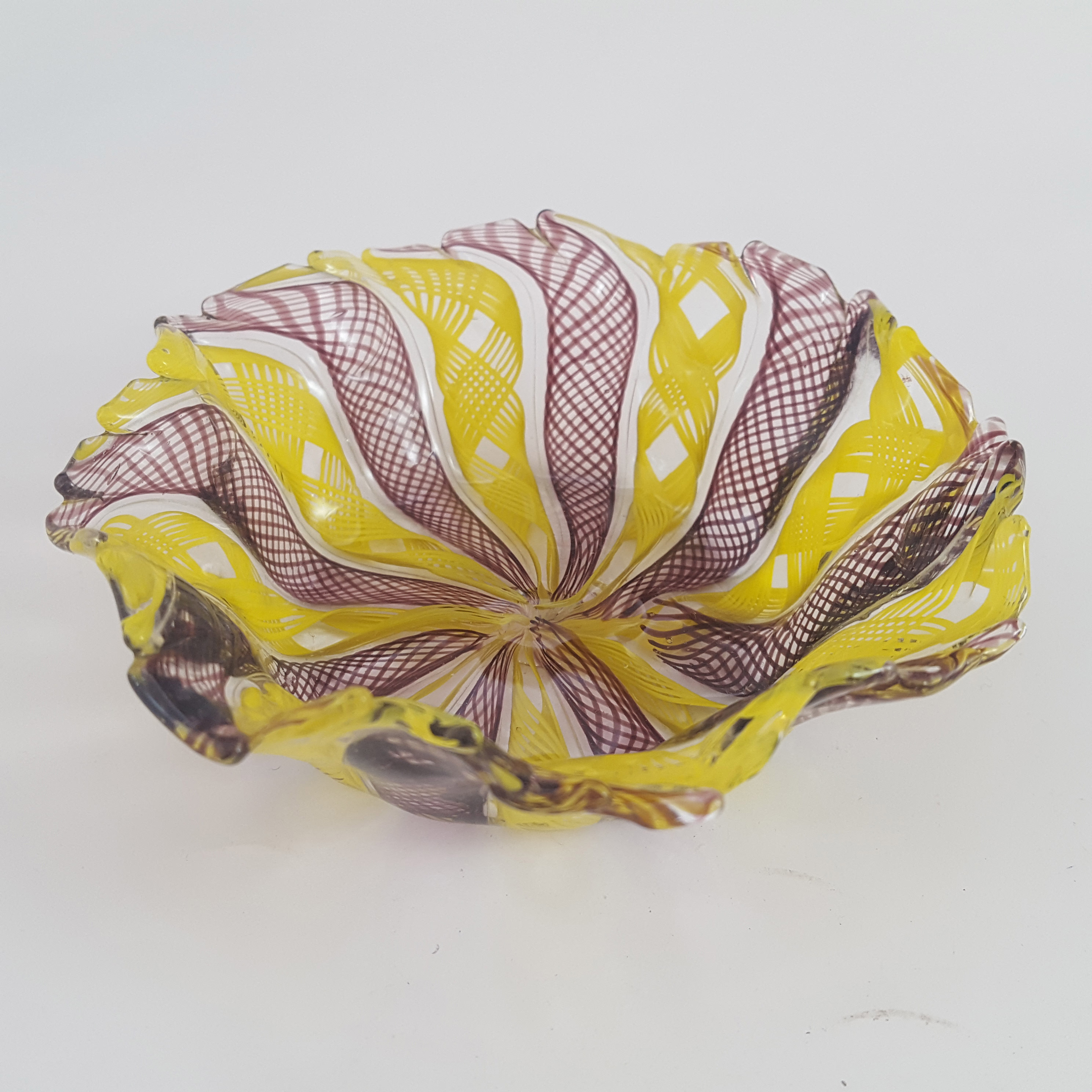 Murano Venetian Yellow & Purple Glass Zanfirico Bowl - Click Image to Close