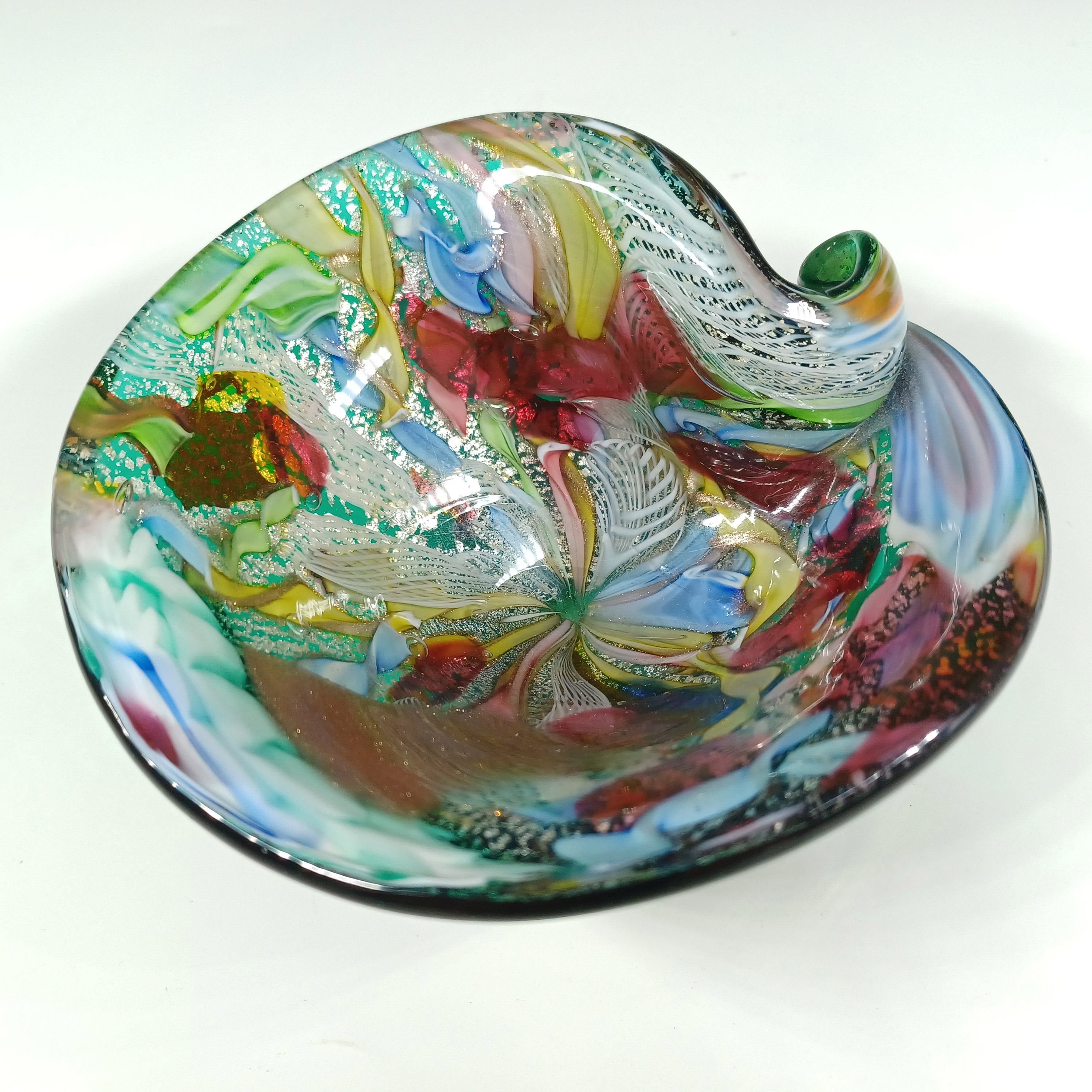 LABELLED AVEM Murano Zanfirico Bizantino / Tutti Frutti Green Glass Bowl - Click Image to Close