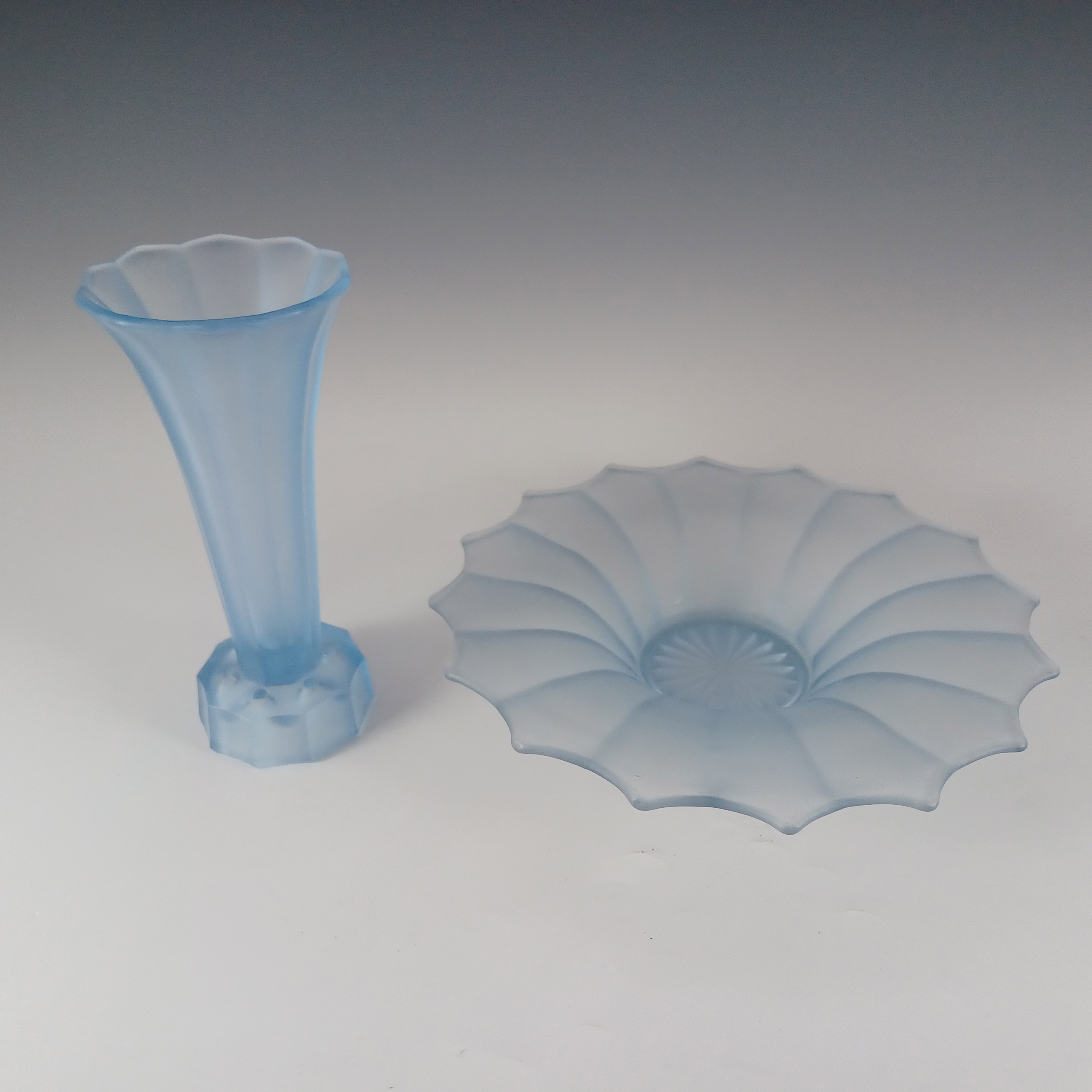 Ankerglas Bernsdorf Art Deco Blue Glass Vase & Bowl Set - Click Image to Close