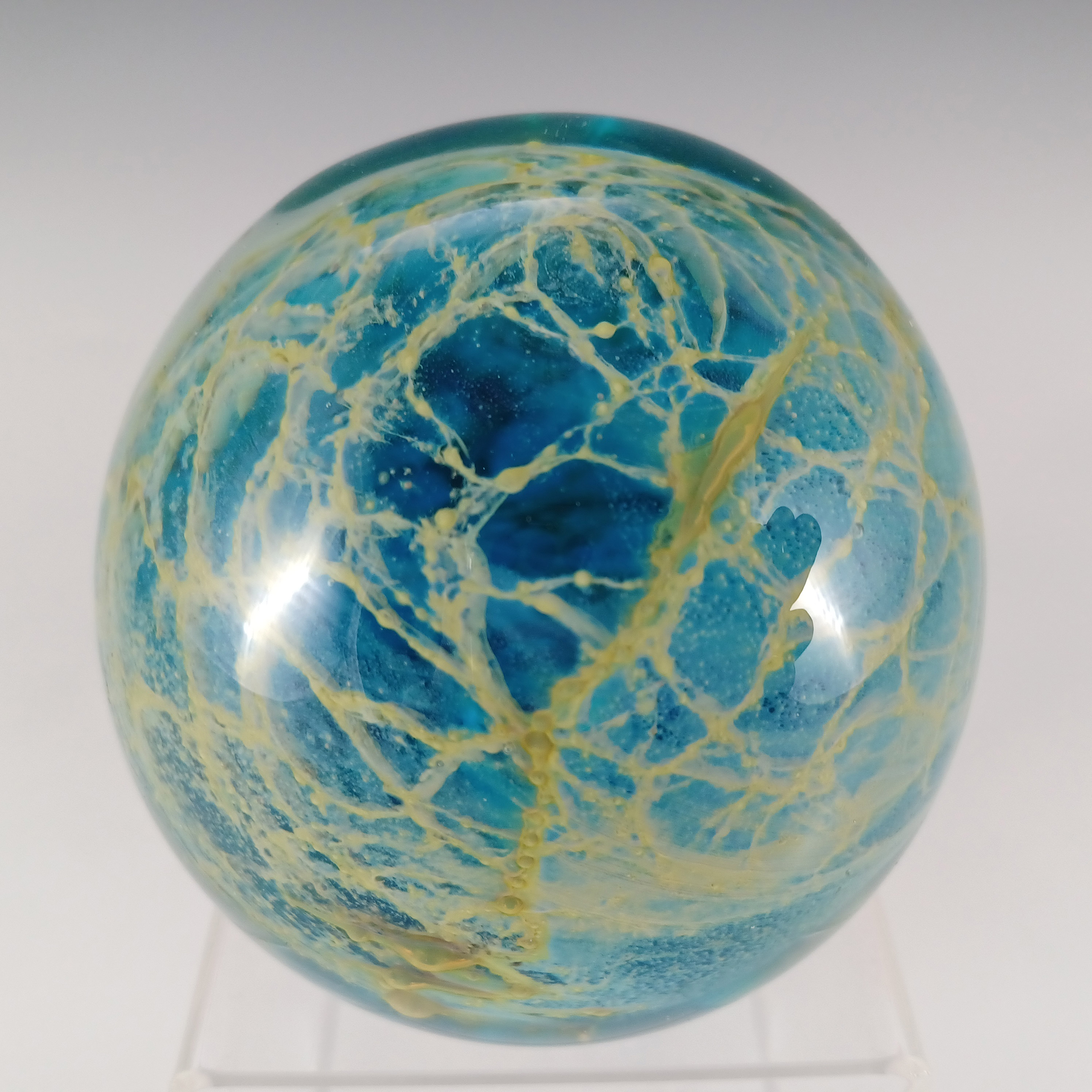 SIGNED Mdina 'Blue Crizzle' Maltese Blue & Yellow Glass Paperweight - Click Image to Close