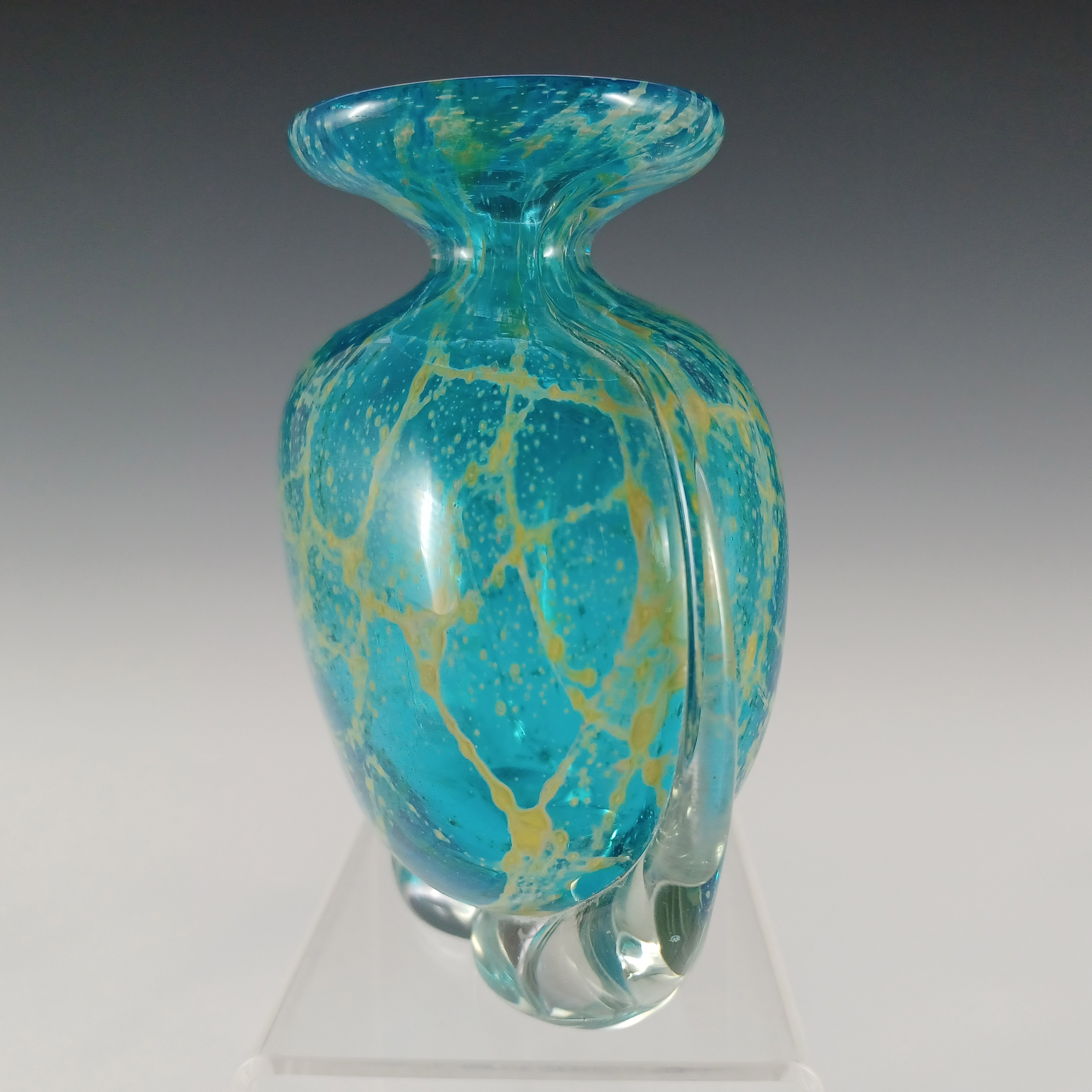 SIGNED Mdina 'Blue Crizzle' Maltese Blue & Yellow Glass 'Side Stripe' Vase - Click Image to Close