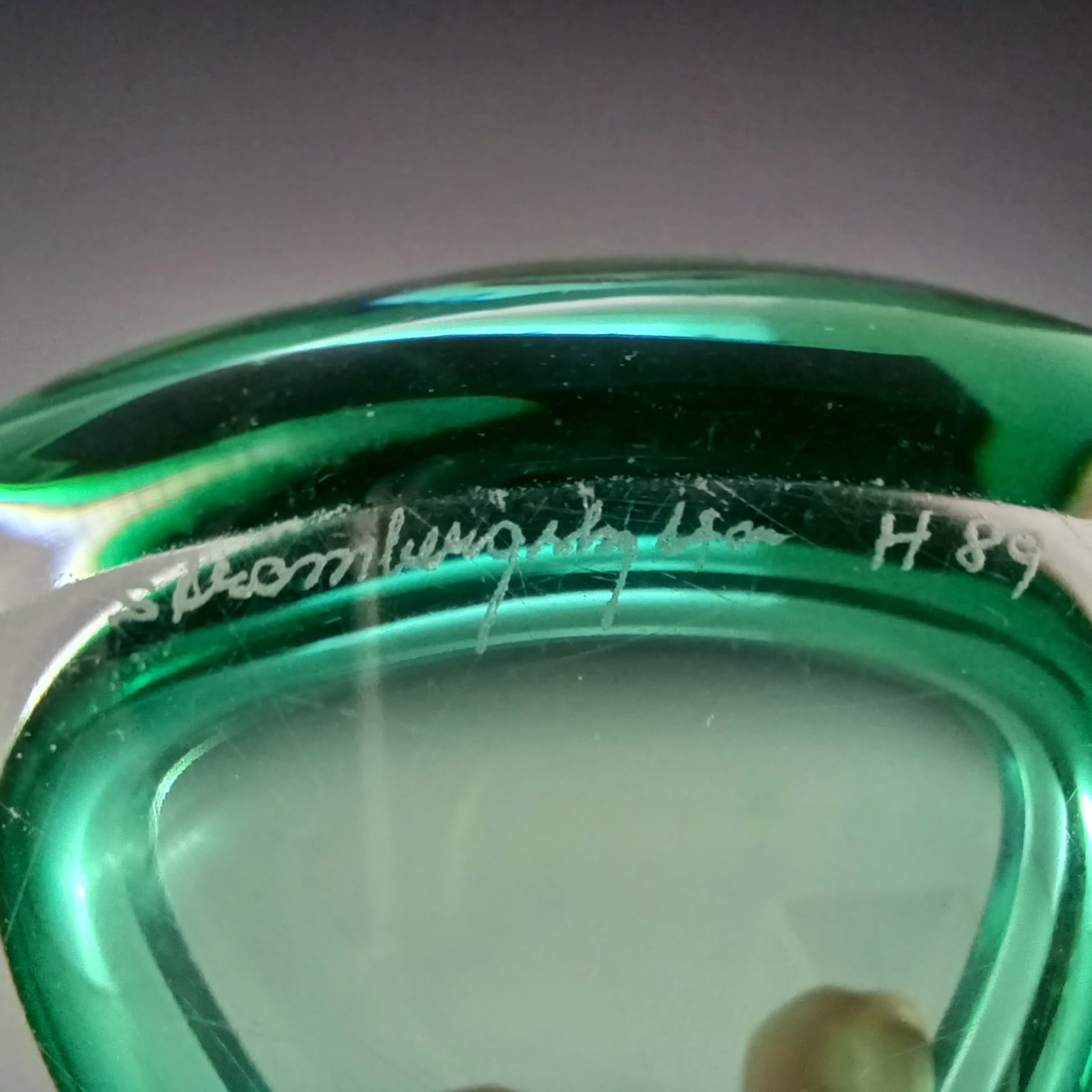 SIGNED Strömberg Swedish Green Cased Glass Bowl #H89 - Click Image to Close