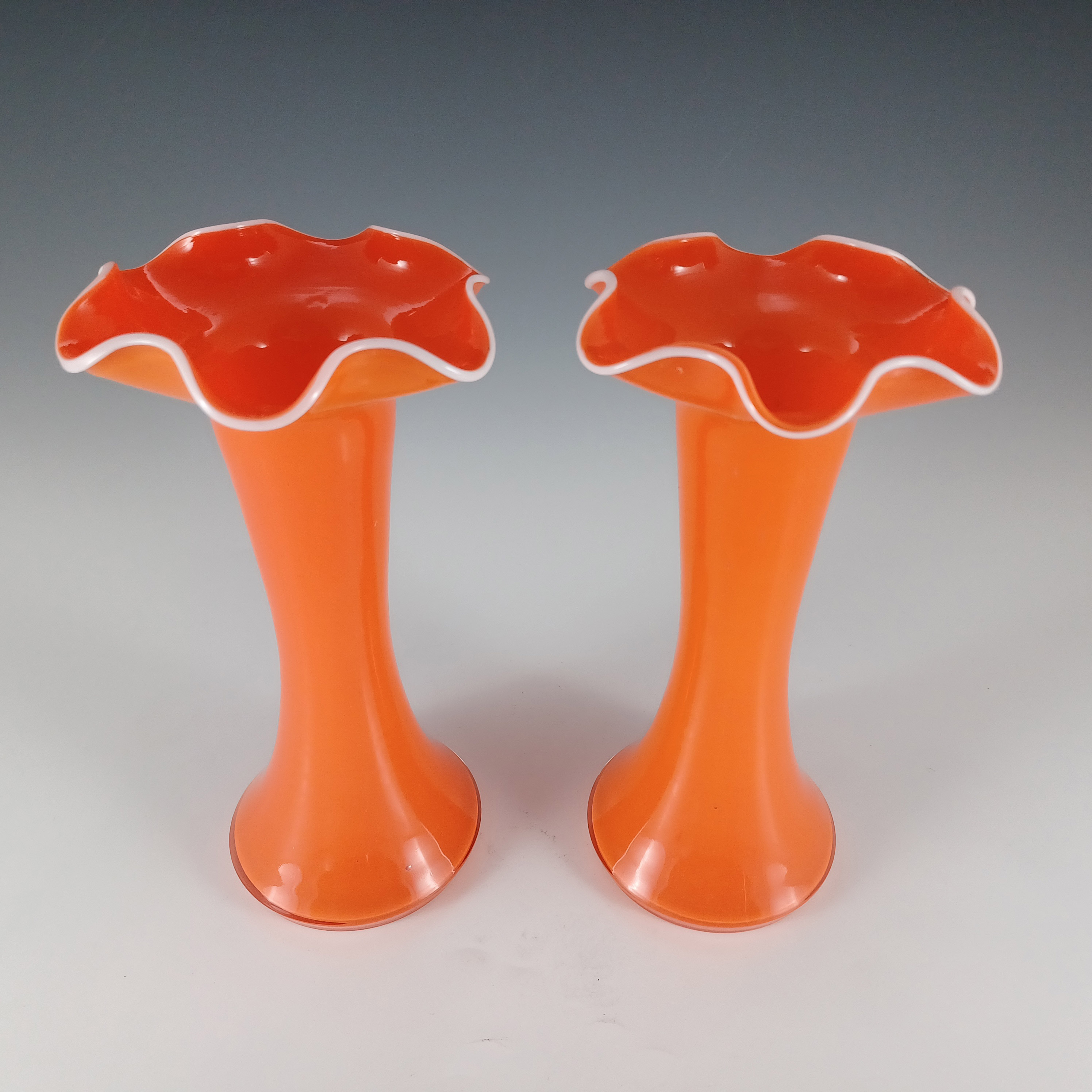 Welz Pair of Czech Art Deco Orange & White Tango Glass Vases - Click Image to Close