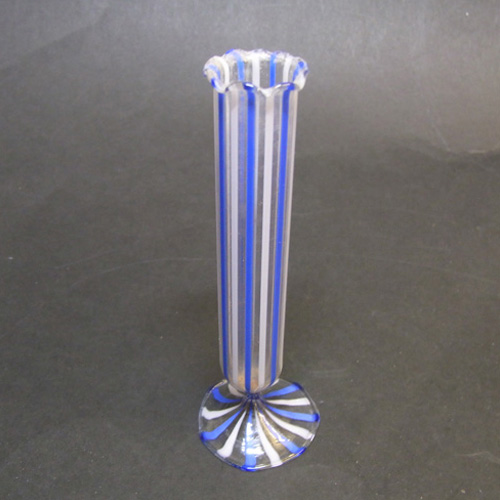Vintage Blue & White Striped Lampworked Glass Vase - Click Image to Close