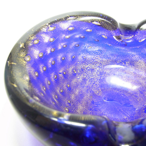Murano Blue & Gold Leaf Bubble Glass Sculpture Bowl - Click Image to Close