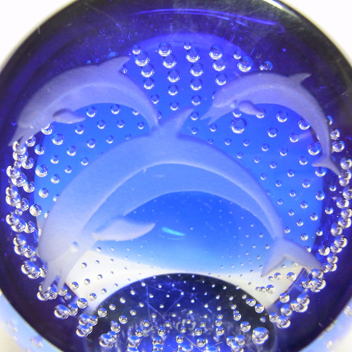 Caithness Blue Glass "Creatures" Dolphins Paperweight - Click Image to Close