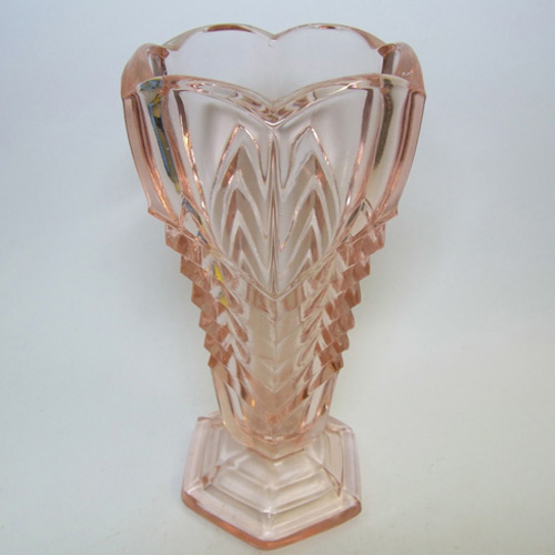 Davidson Art Deco 1930's Pink Glass ''Chevron" Vase 295 - Click Image to Close