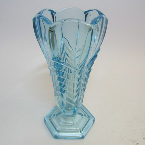 Davidson Art Deco 1930's Blue Glass ''Chevron" Vase 295 - Click Image to Close