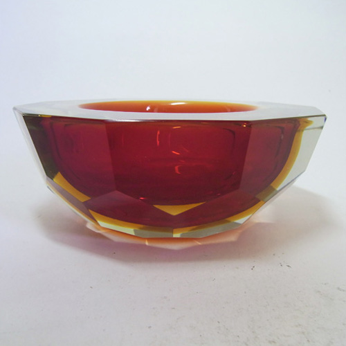 HUGE Murano/Sommerso Faceted Red Glass Block Bowl - Click Image to Close
