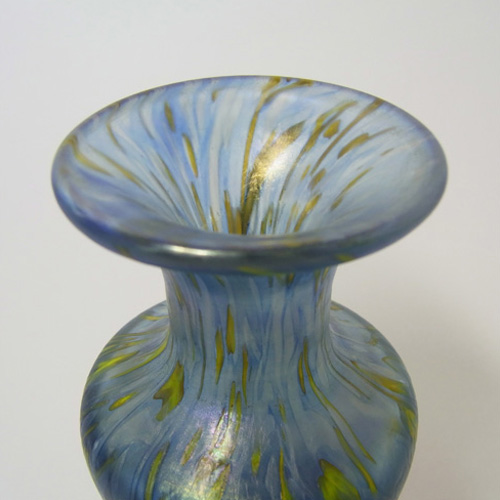 Phoenician Glass Blue Iridescent Vase Signed + Labelled - Click Image to Close