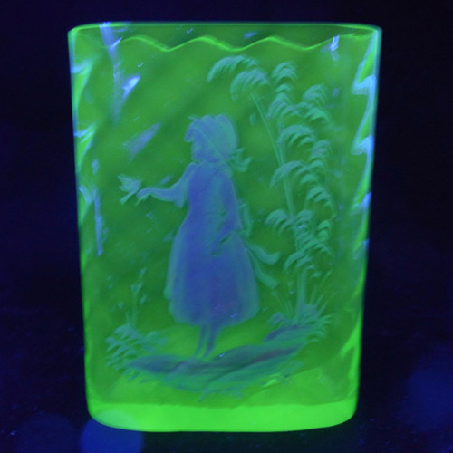 (image for) Mary Gregory Bohemian Uranium Glass Hand Enamelled Vase - Click Image to Close