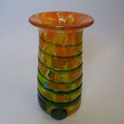 (image for) Mdina Trailed Maltese Orange & Blue Glass Vase - Signed - Click Image to Close