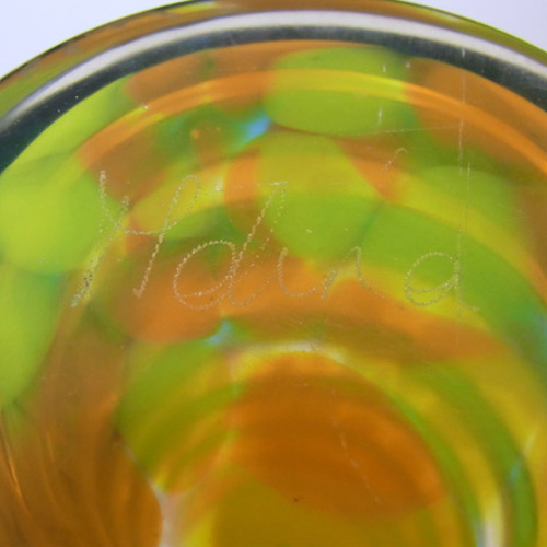Mdina Trailed Maltese Orange & Blue Glass Vase - Signed - Click Image to Close