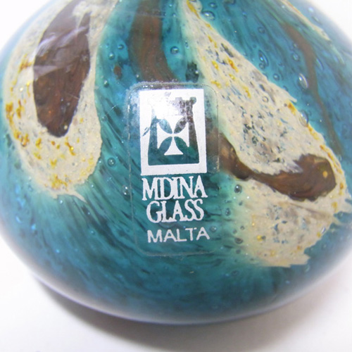 (image for) Mdina 'Tiger' Maltese Blue + Brown Glass Vase - Signed & Label - Click Image to Close