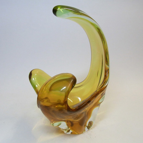Mstisov/Moser Czech Amber & Green Glass Sculpture Bowl - Click Image to Close