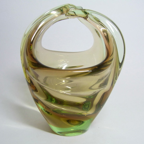 (image for) Skrdlovice #5668 Czech Amber & Green Glass Basket Bowl by Jan Broz - Click Image to Close