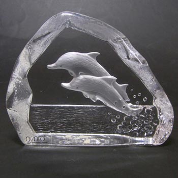 Nybro Glass Paperweight Dolphins Sculpture - Signed