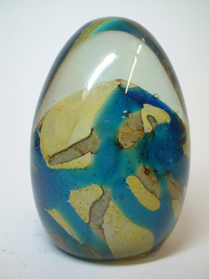 Mdina 'Tiger' Maltese Blue & Sandy Glass Paperweight - Signed