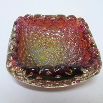 Murano Red & Gold Leaf Bullicante Glass Sculpture Bowl