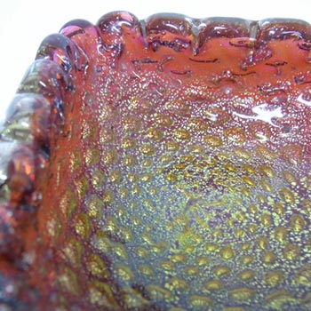 Murano Red & Gold Leaf Bullicante Glass Sculpture Bowl